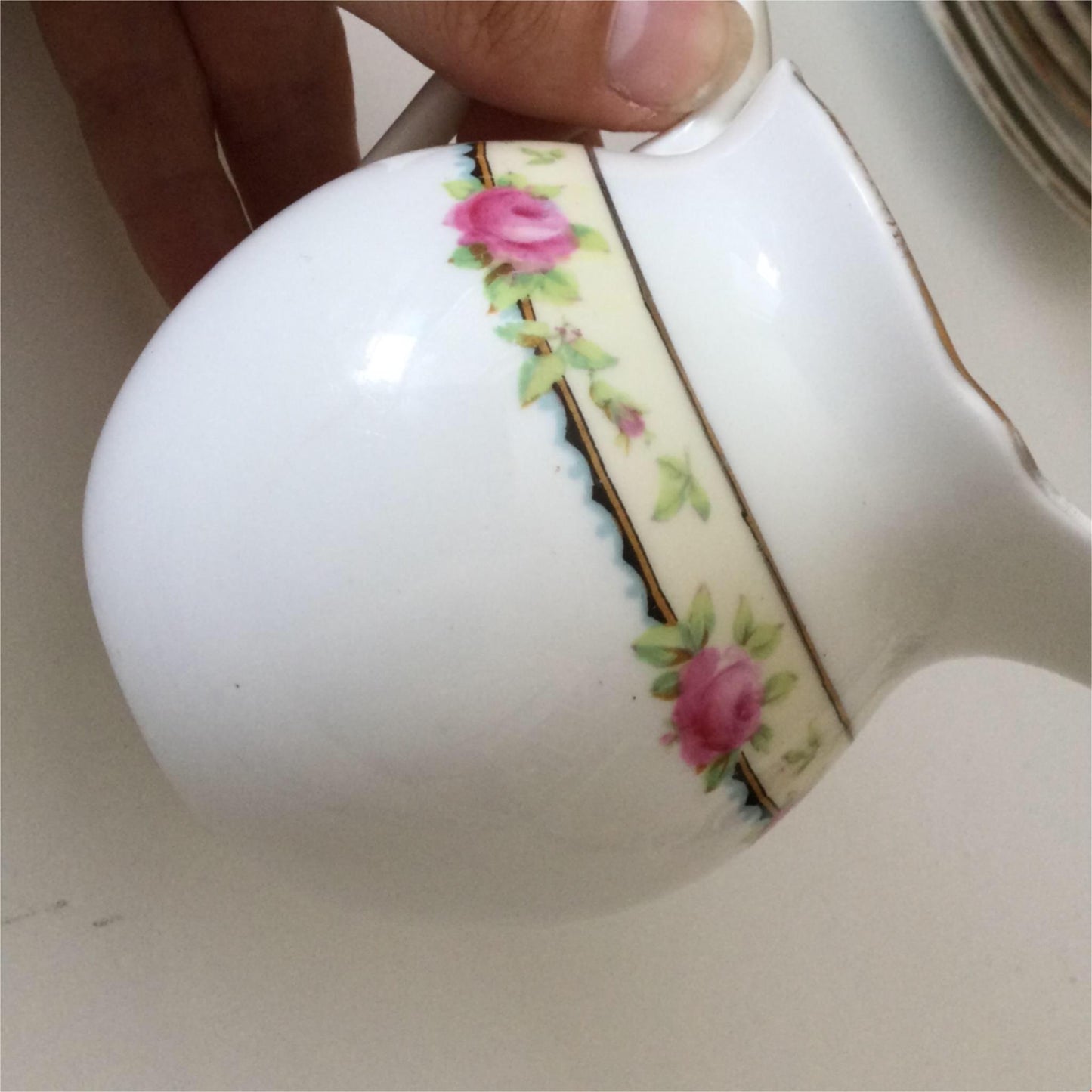 Vintage Creamer Small Jug Aynsley pink rose design yellow band A 3852 6 floral