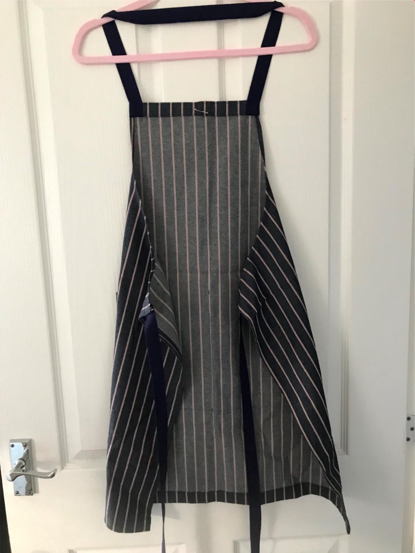 Adults Handmade Navy and Red Striped Apron. Denim look. Ticking fabric