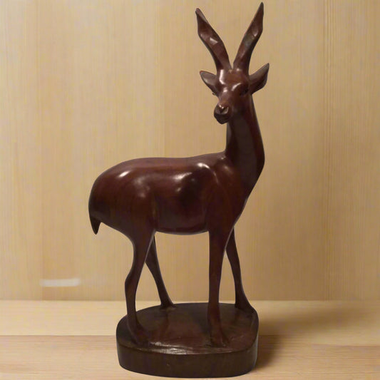 Vintage Hand Carved Teak Wooden Antelope / Deer Ornament - Naturalistic 23cm approx - Retro Figurine
