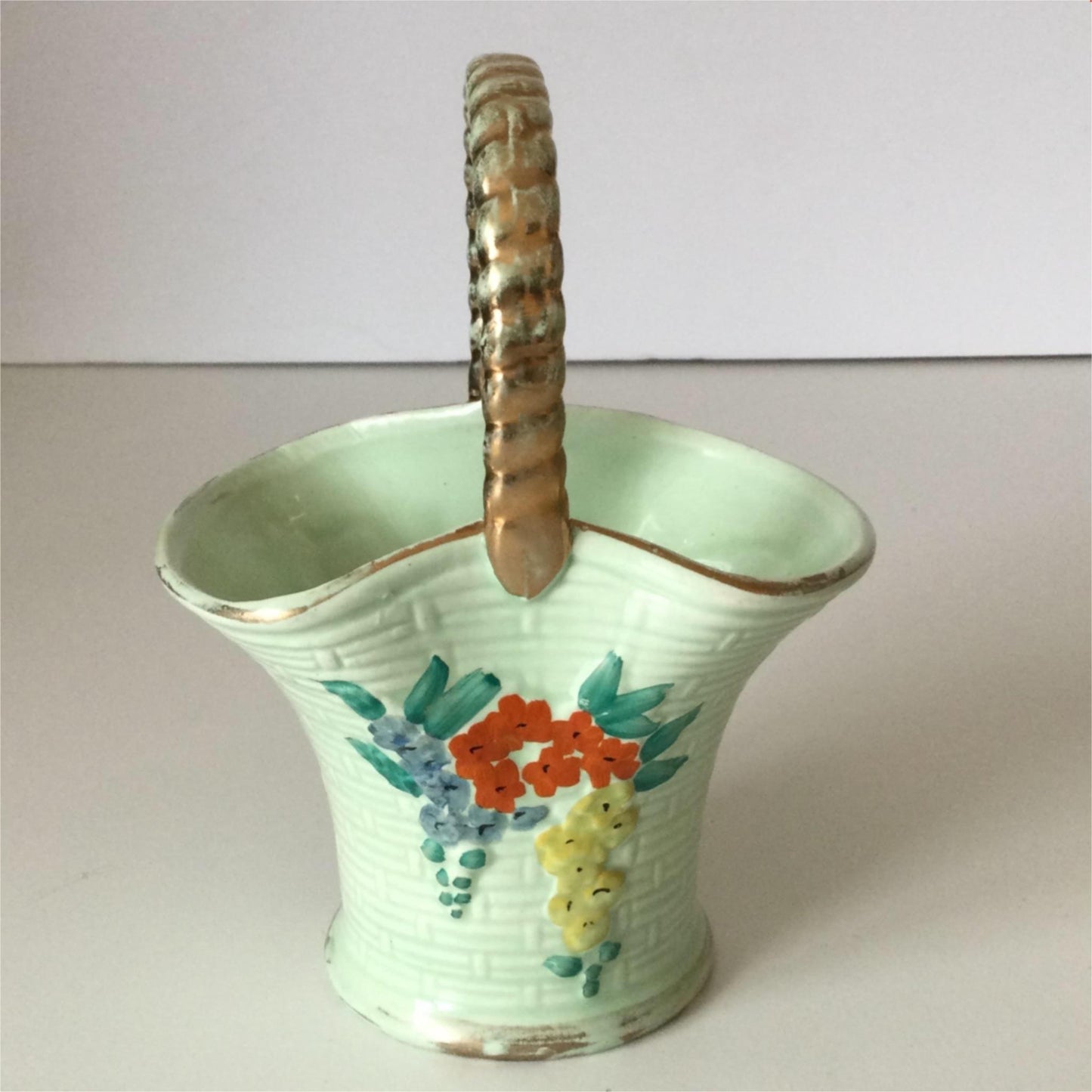 Vintage Keele Street KSP Ceramic Posy Vase - Basket Shaped. Green hand painted floral vase