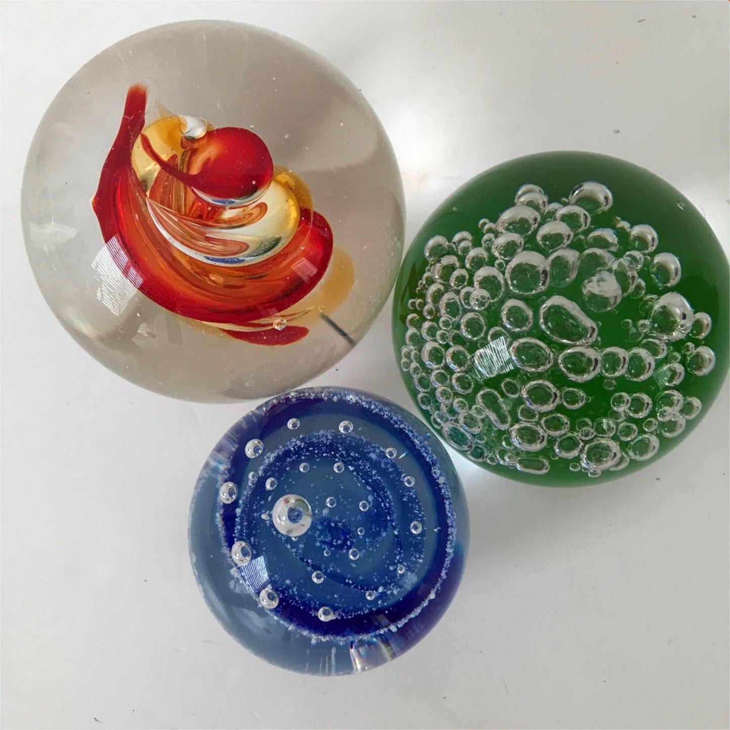 Set of 3 paperweights red green blue swirls and bubbles small medium and large