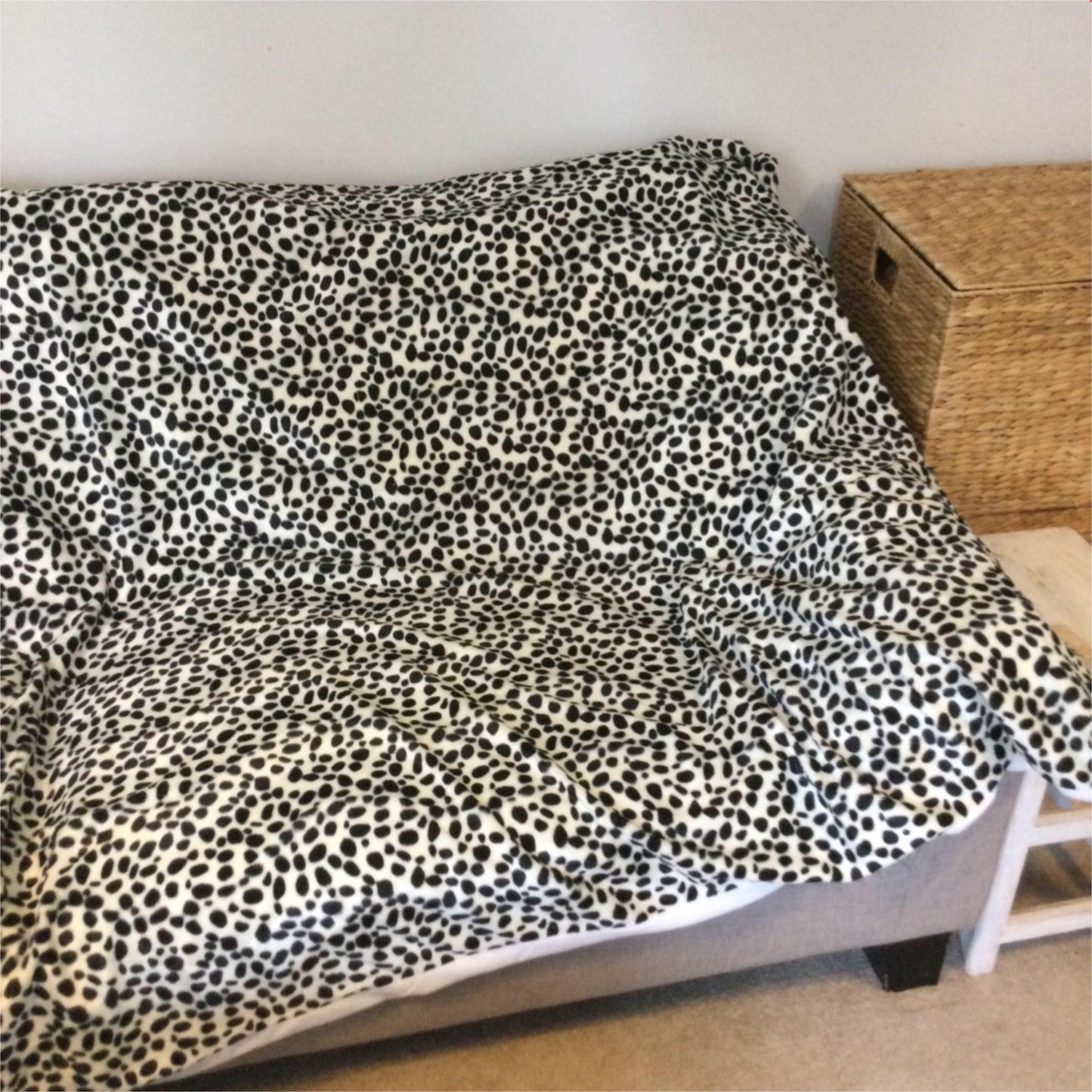 Beautiful Handmade throw, blanket. Black Cream spotty Dalmatian print. Cosy