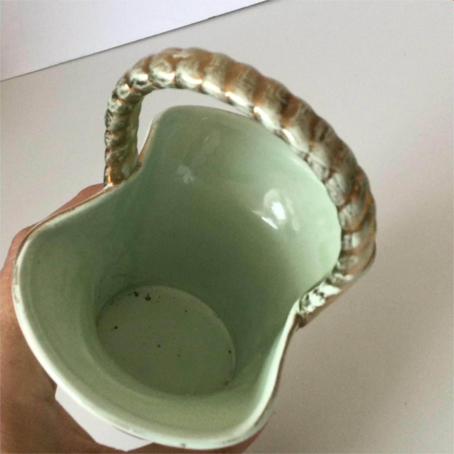 Vintage Keele Street KSP Ceramic Posy Vase - Basket Shaped. Green hand painted floral vase