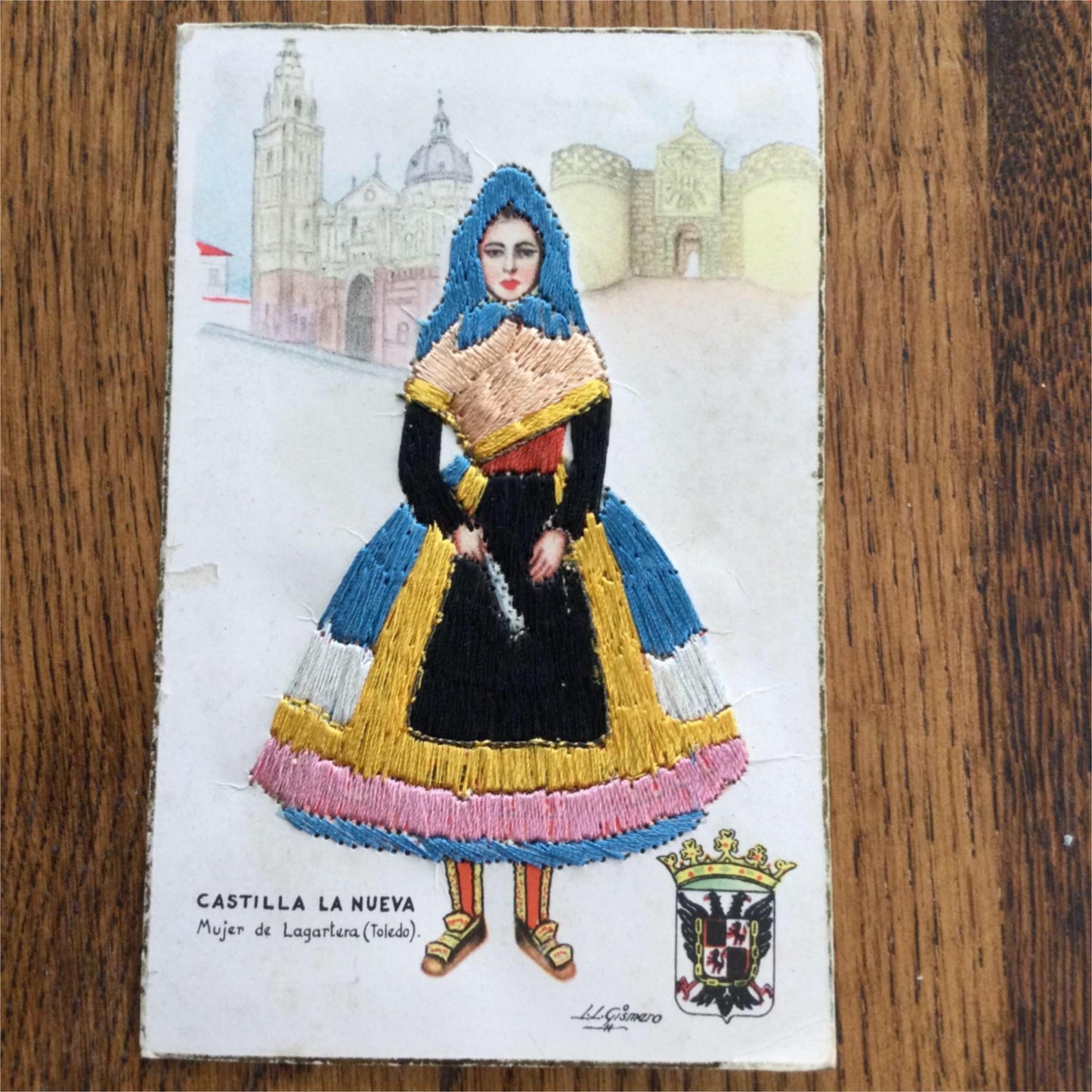 Vintage Spanish postcard embroidered woman CASTILLA LA NUEVA TOLEDO 50s Retro