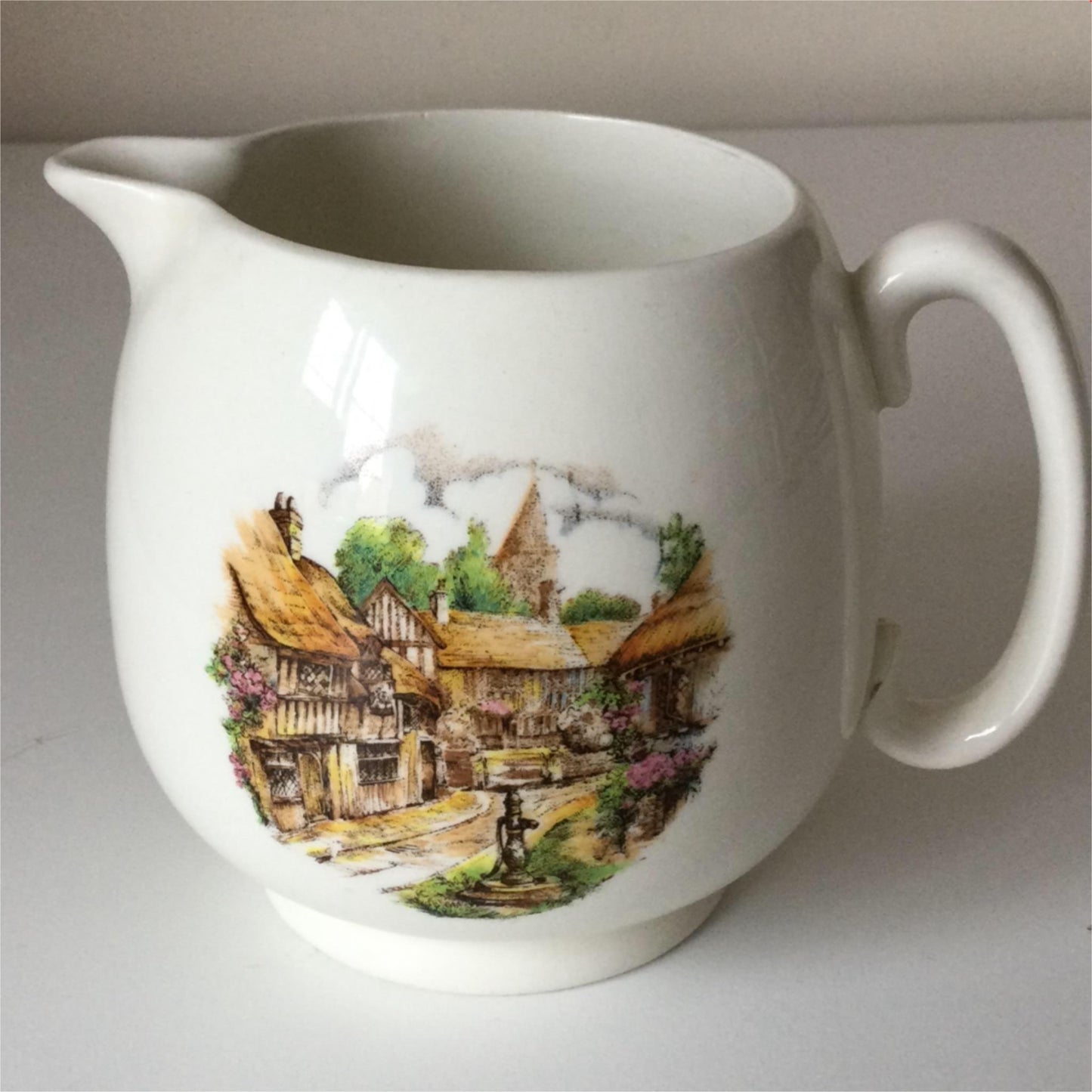 Vintage P&K Price Kensington Rustic Jug. Village scene. Thatched cottage. Curvy.