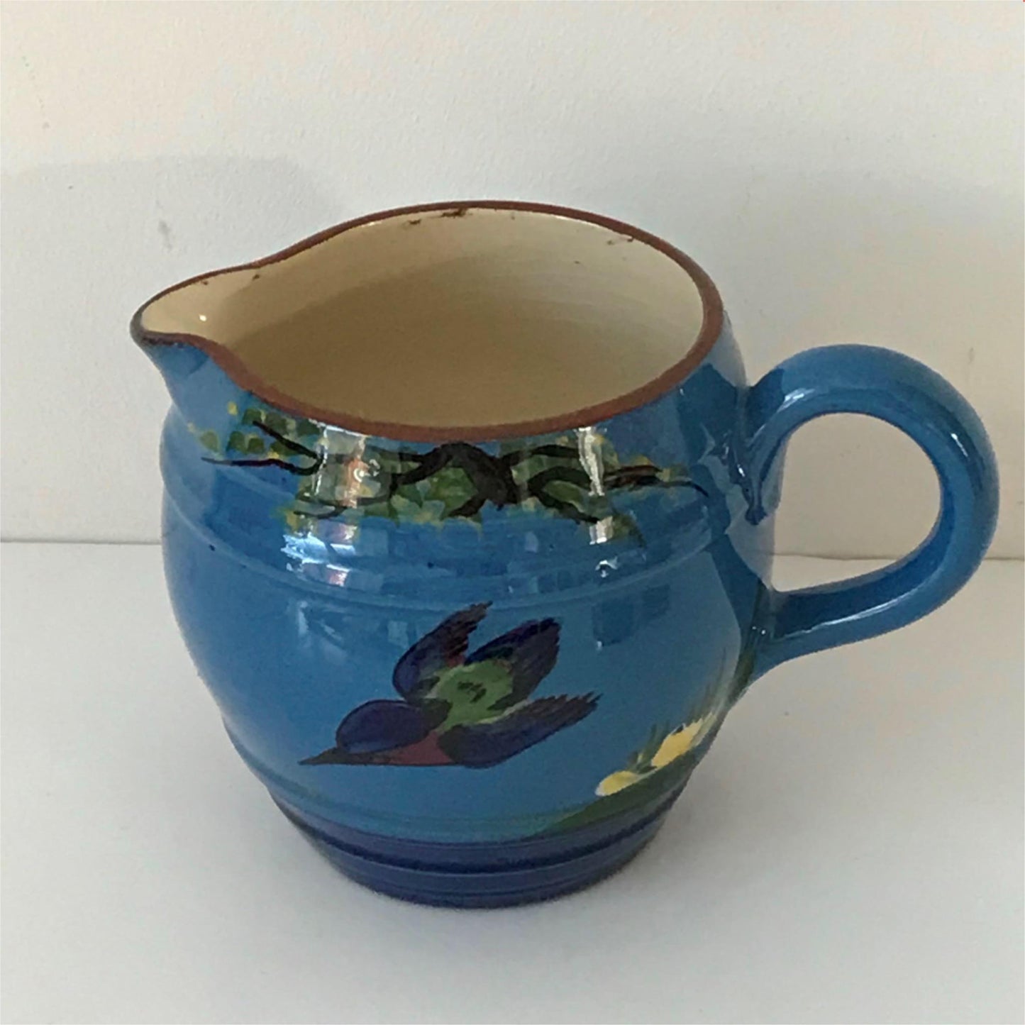 Vintage Creamer Milk Jug Kingfisher design blue stamped Longpark Torquay