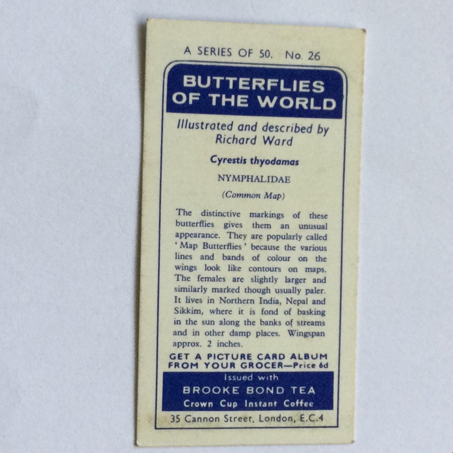 BUTTERFLIES OF THE WORLD- Brooke Bond Tea Cards- sold individually 1960s