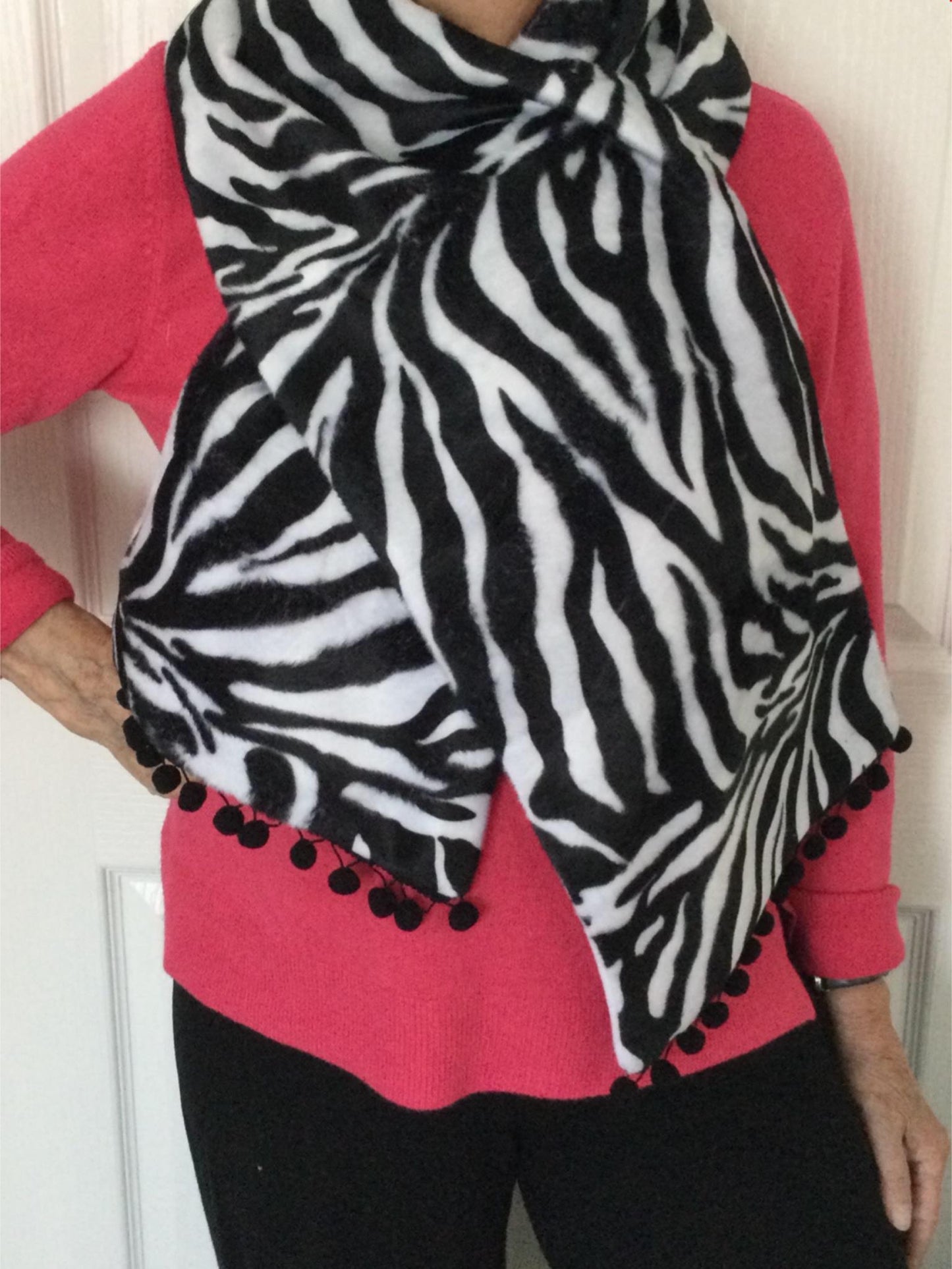 Beautiful Handmade Fleecey Scarf with Zebra print soft pile fur. Pom Pom details