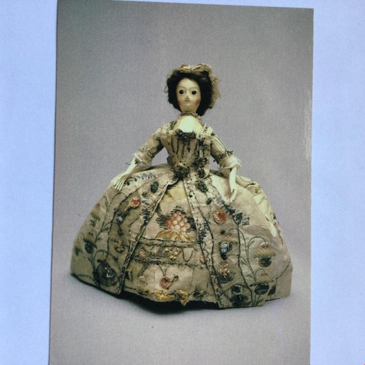 OLD POSTCARD OF CHINA DOLL FROM 1750 ENGLISH SILK ROBE CASTLE MUSEUM YORK