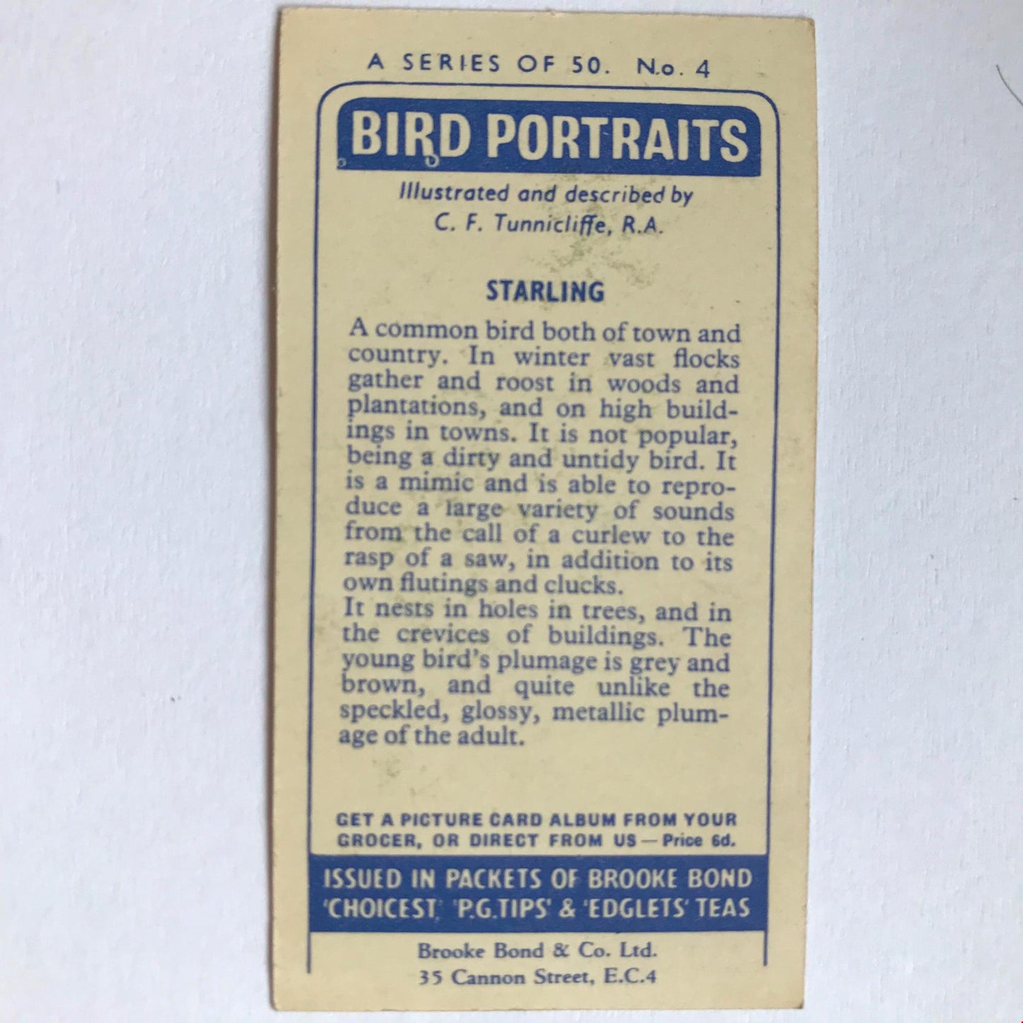 BIRD PORTRAITS  Brooke Bond Tea Cards Sold Individually - take your pick