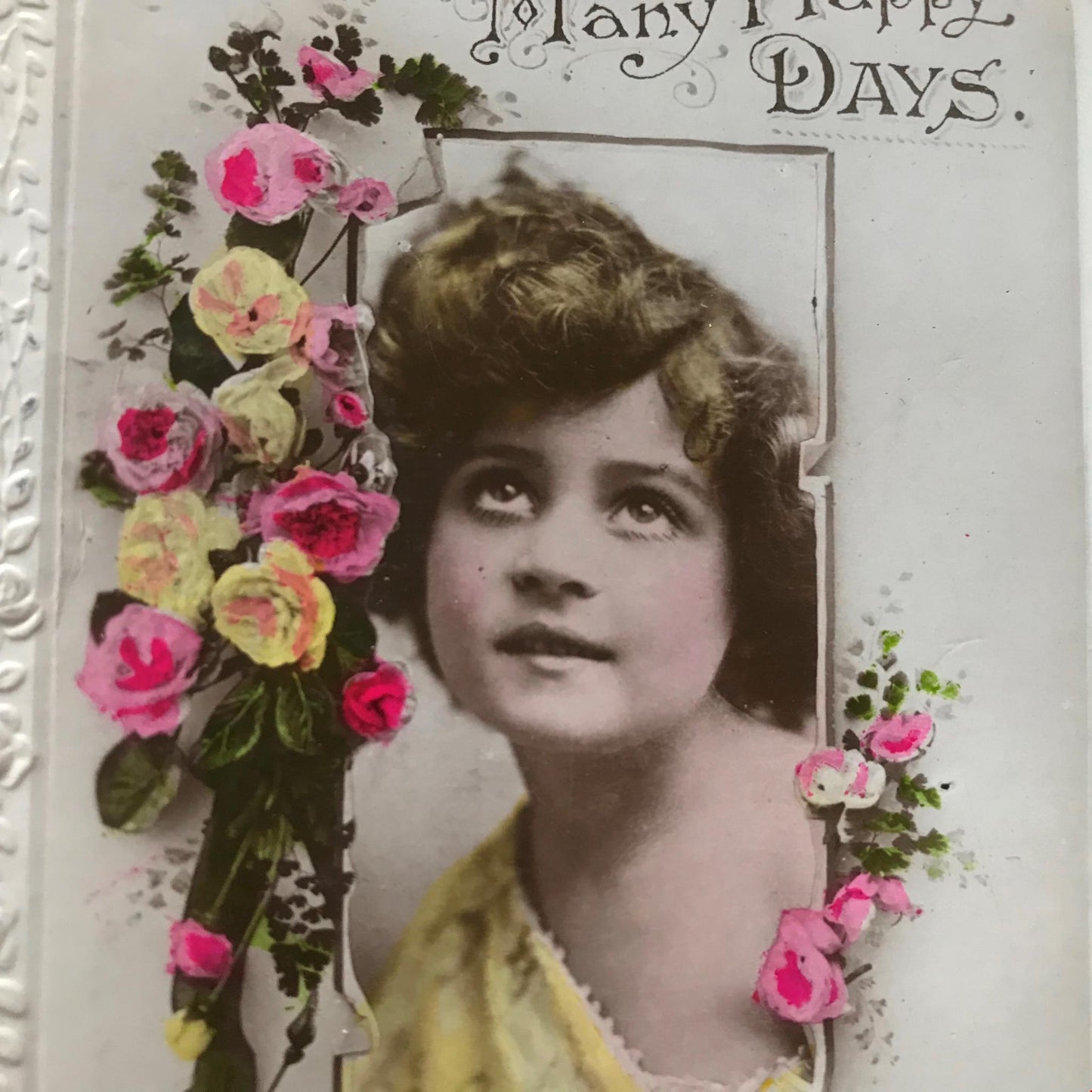 Vintage MANY HAPPY DAYS BIRTHDAY Greetings Postcard RP Girl flowers horseshoe