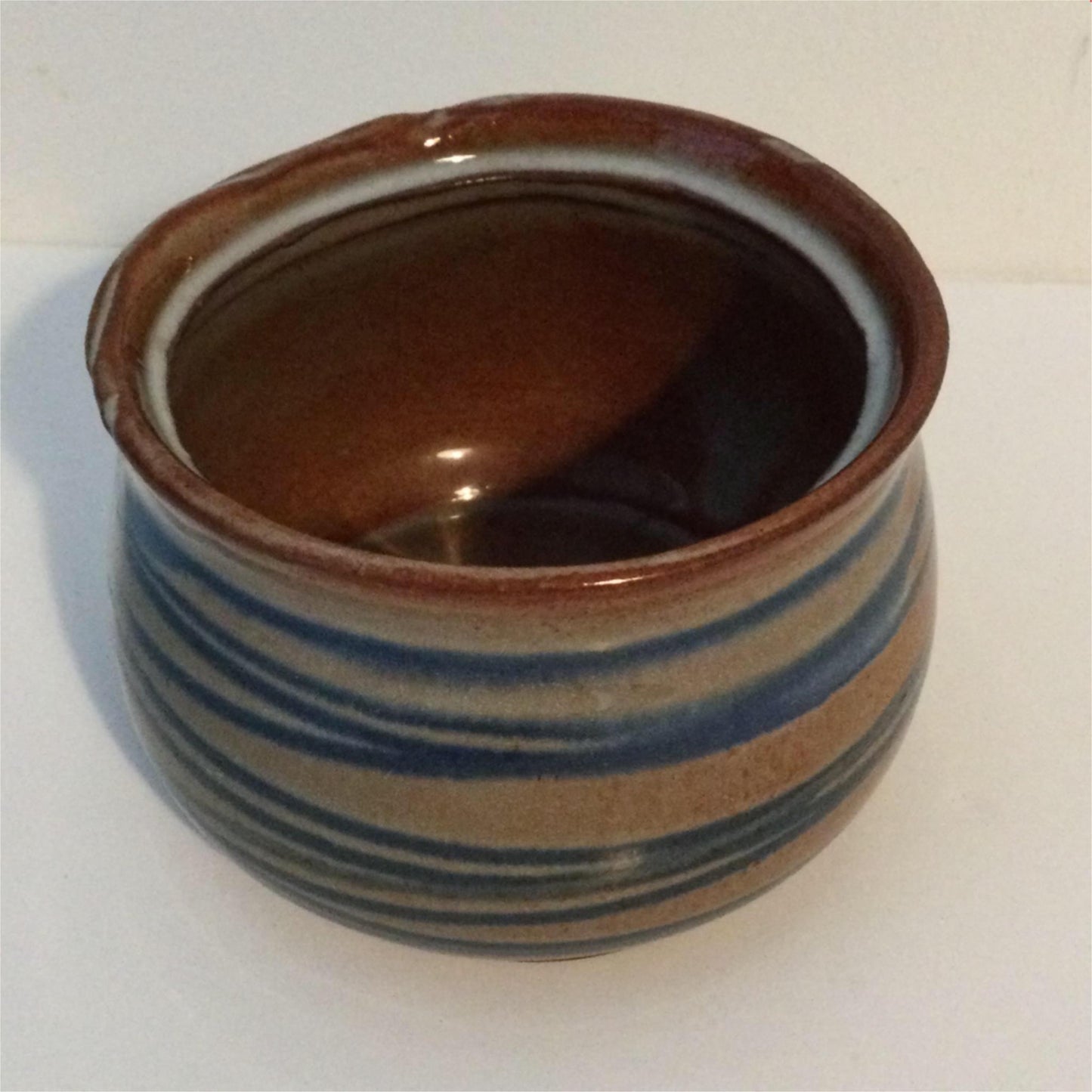 Handmade Studio Bowl / pot very Small BROWN. Rustic Style. Blue stripes. Damaged