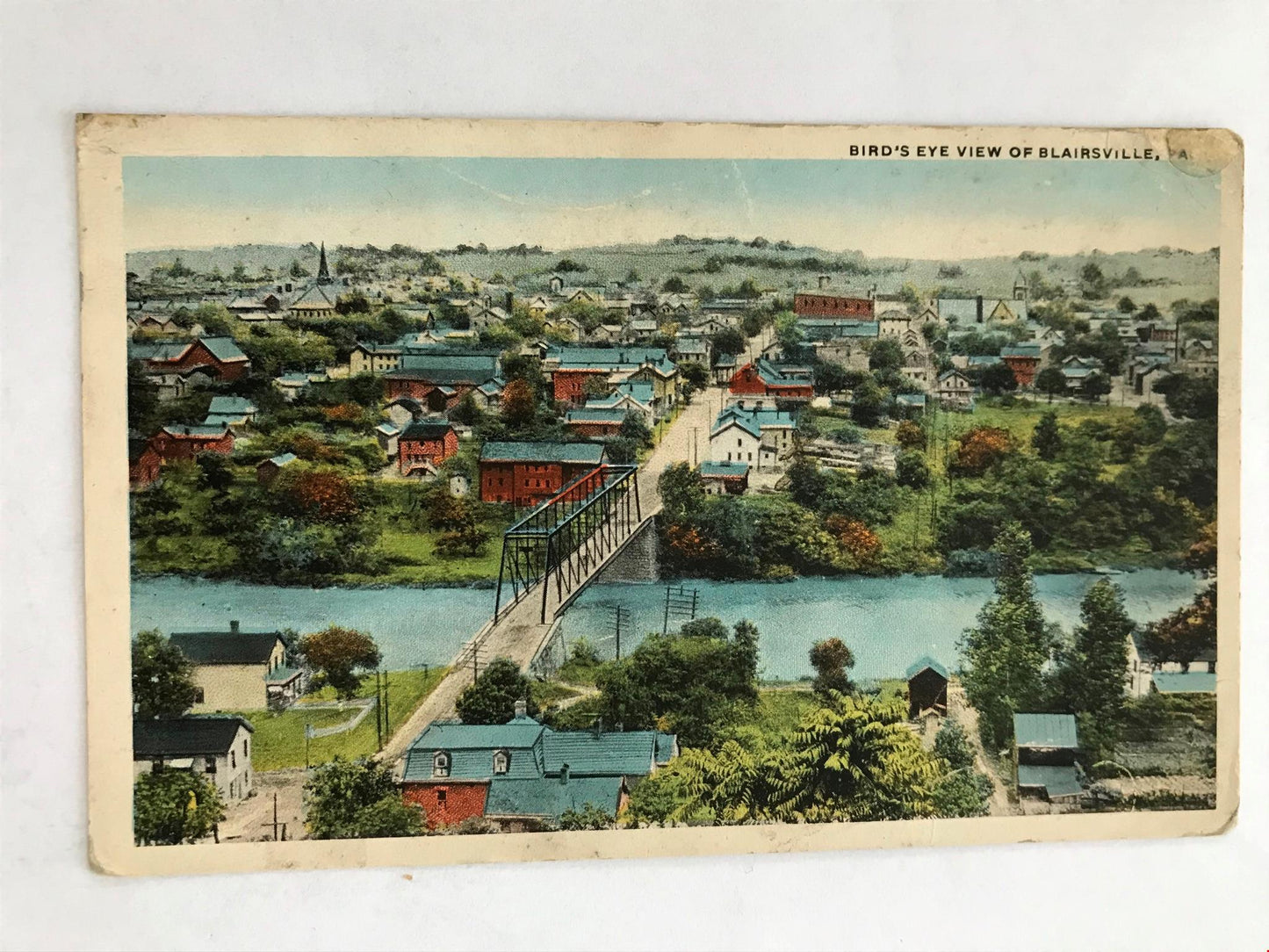 Vintage postcard BLAIRSVILLE GEORGIA BIRD'S EYE VIEW river and bridge, town