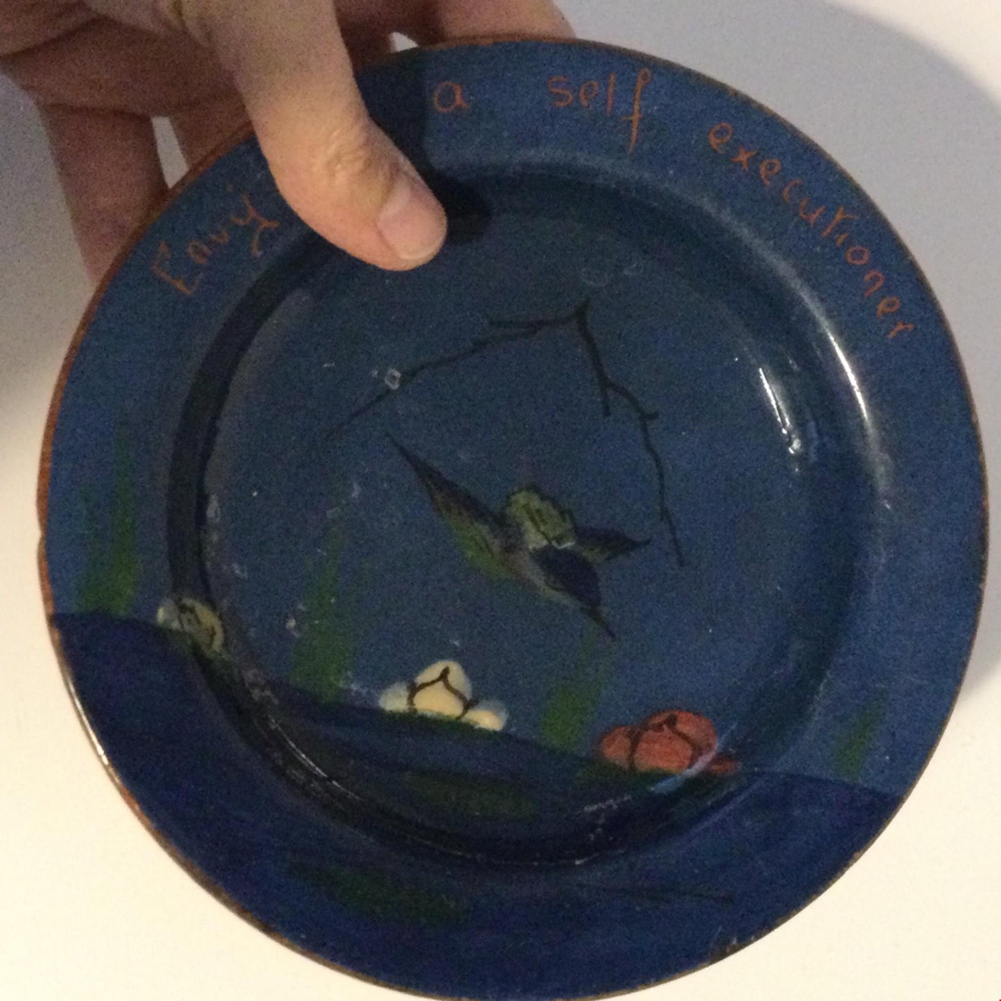 Blue Devon Ware Plate Shallow Dish Small ‘ENVY IS A SELF EXECUTIONER’ motto kingfisher design