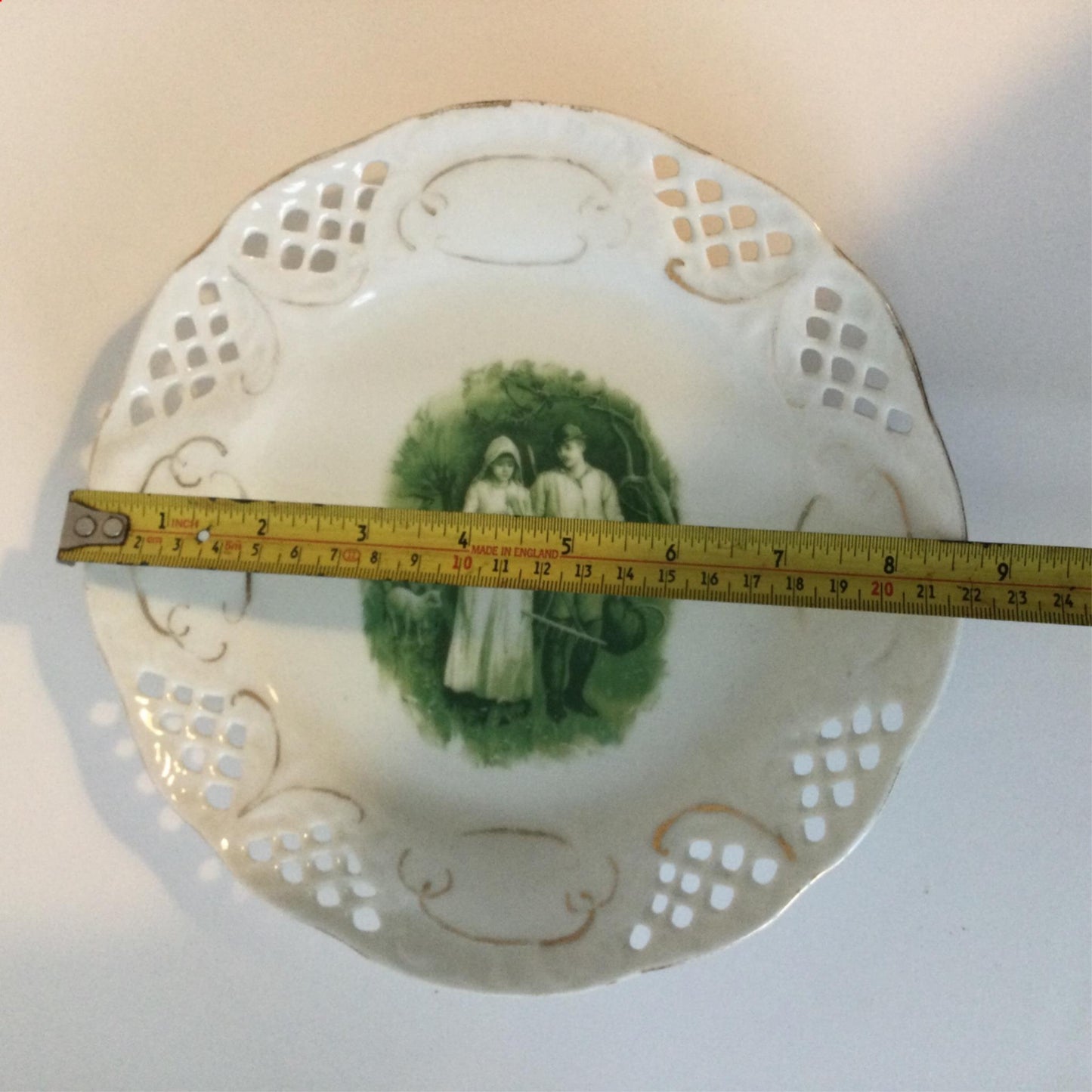 Pretty Vintage Plate, With Cut Out Detail. Green pastoral scene shepherd sheep