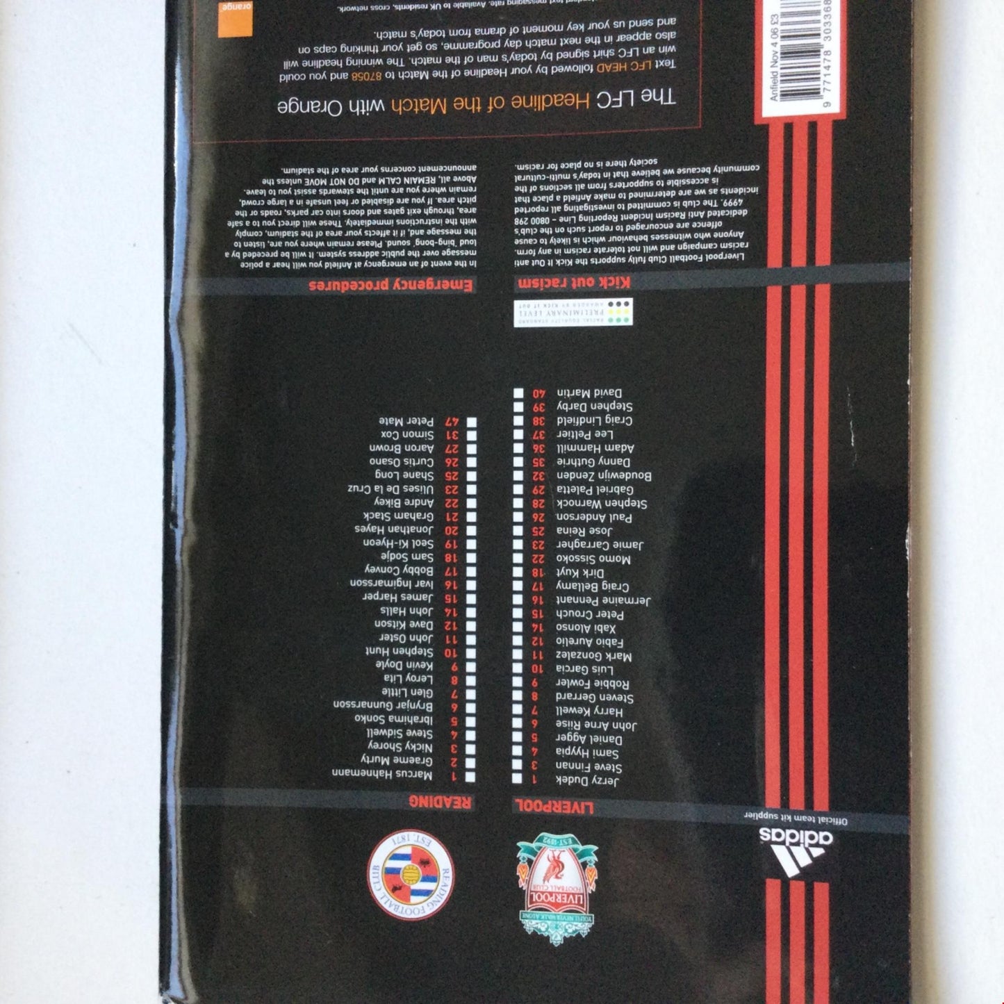 LIVERPOOL football programme 2006-2007 V Reading. With referee match report