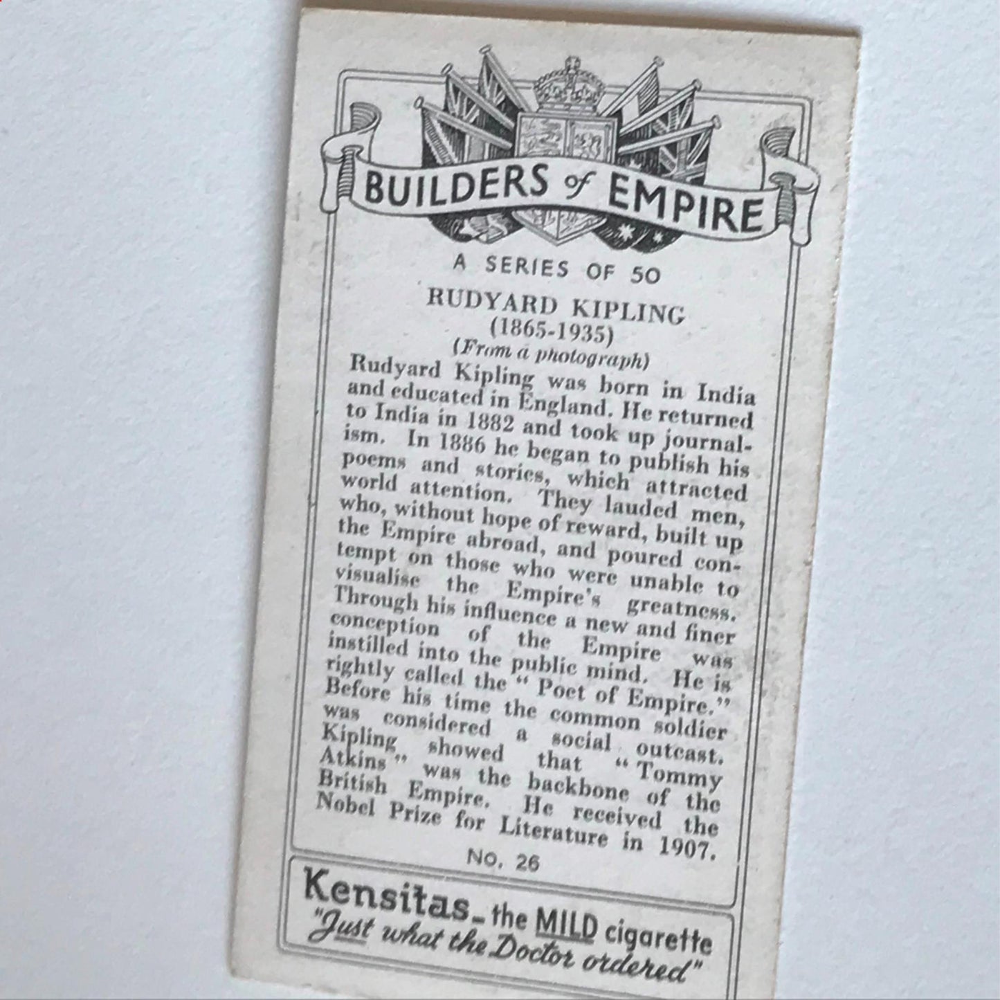 RUDYARD KIPLING Kensitas Cigarette Card Builders of Empire no. 26 Nobel Prize