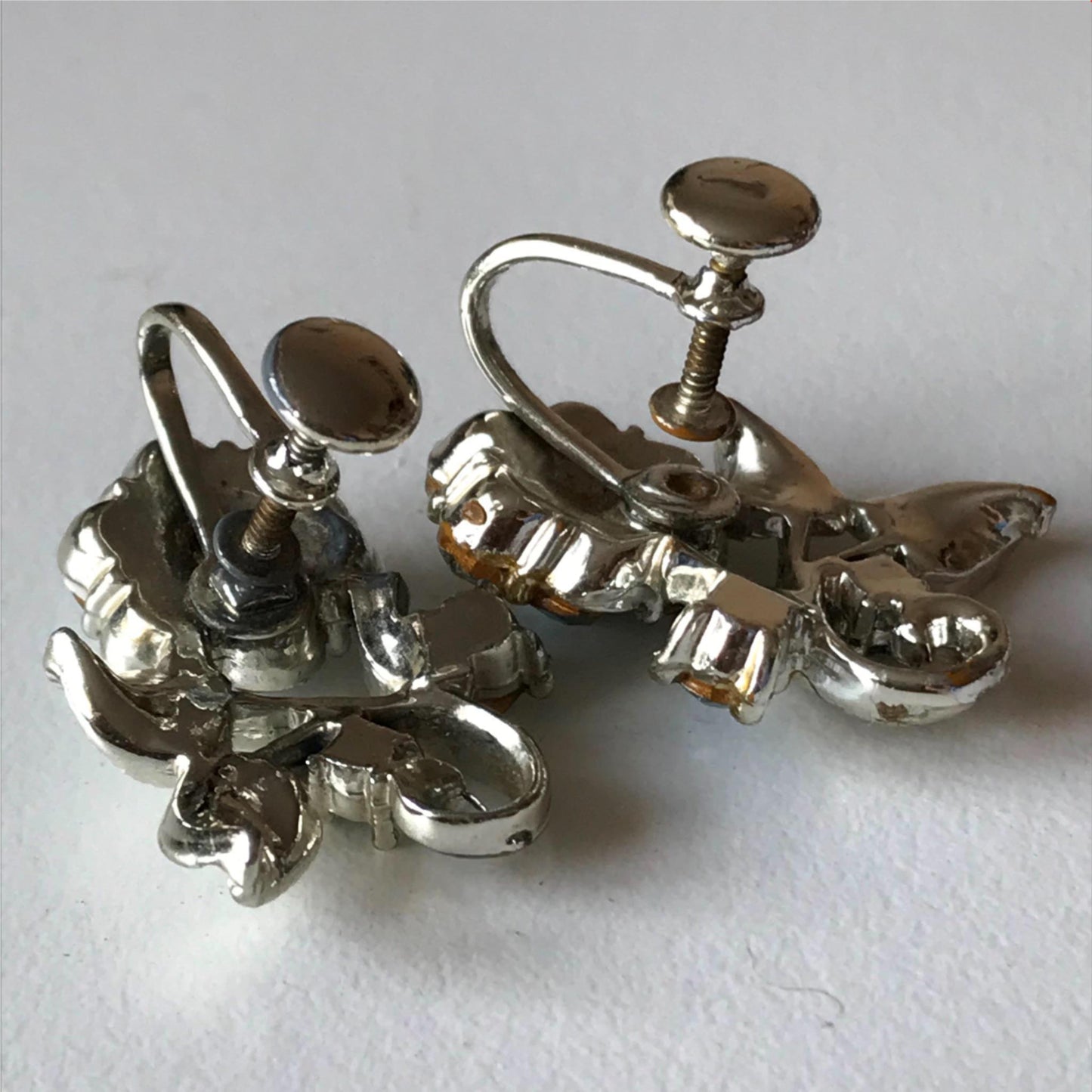 Large stud screw back earrings vintage silver tone with diamanté flower party