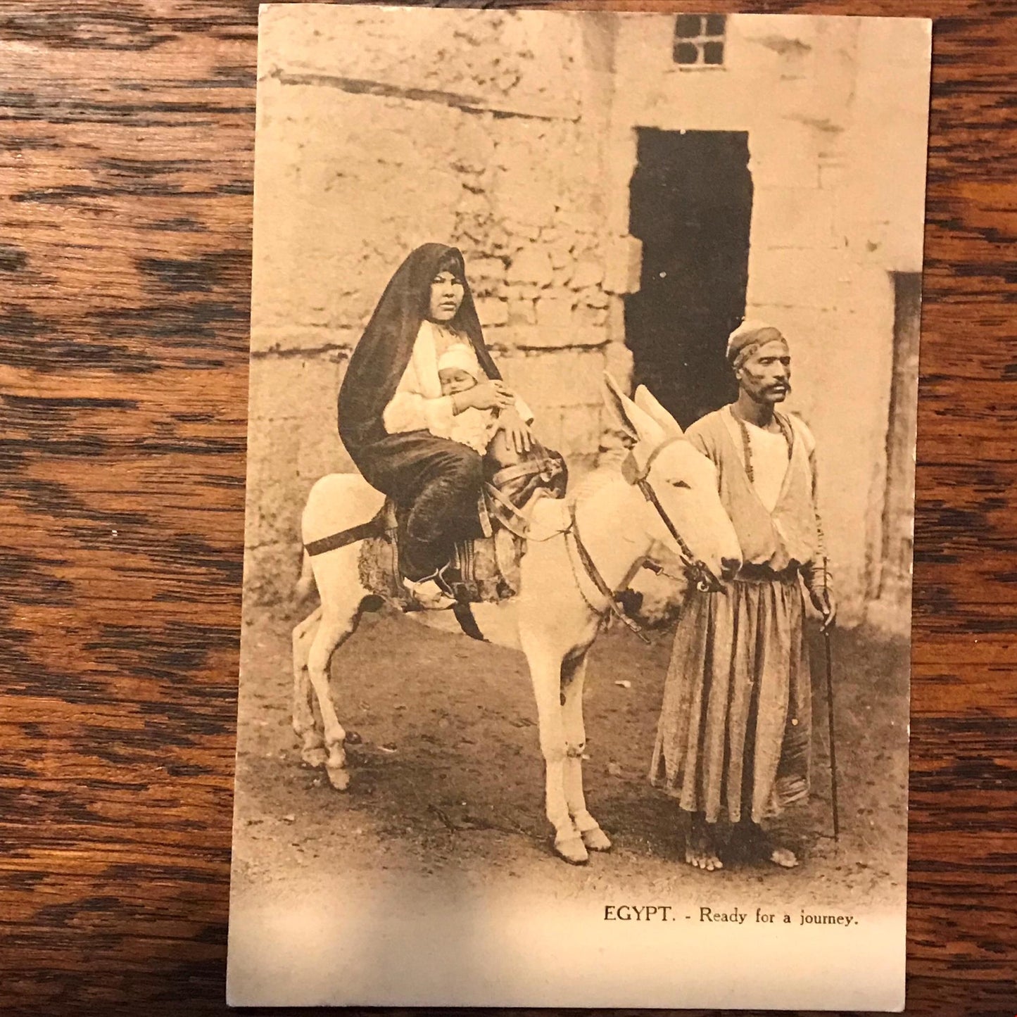 Vintage Sepia Postcard Cairo Egypt Family on donkey ready for a journey baby