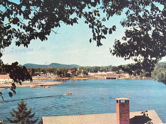 Vintage postcard OLD FORGE LAKE AND BEACH SOUTH SHORE ROAD ADIRONDACK MOUNTAINS