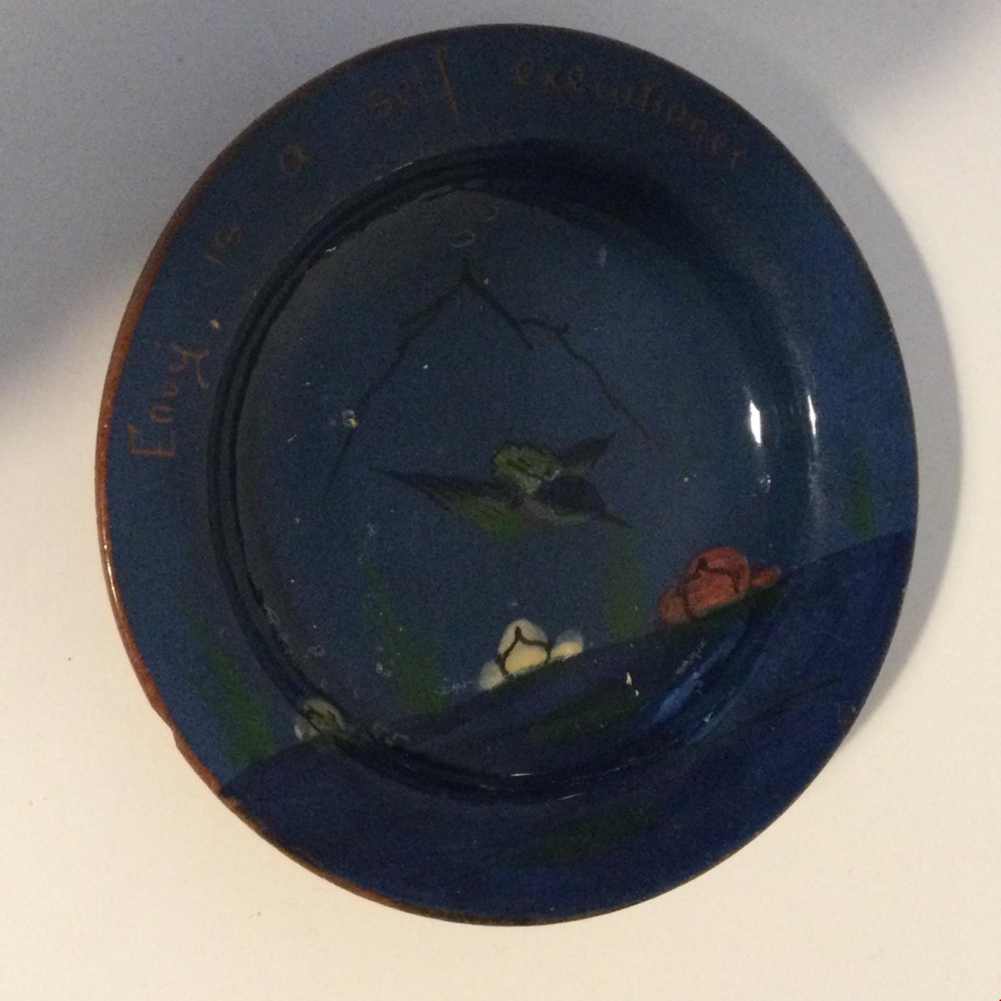 Blue Devon Ware Plate Shallow Dish Small ‘ENVY IS A SELF EXECUTIONER’ motto kingfisher design