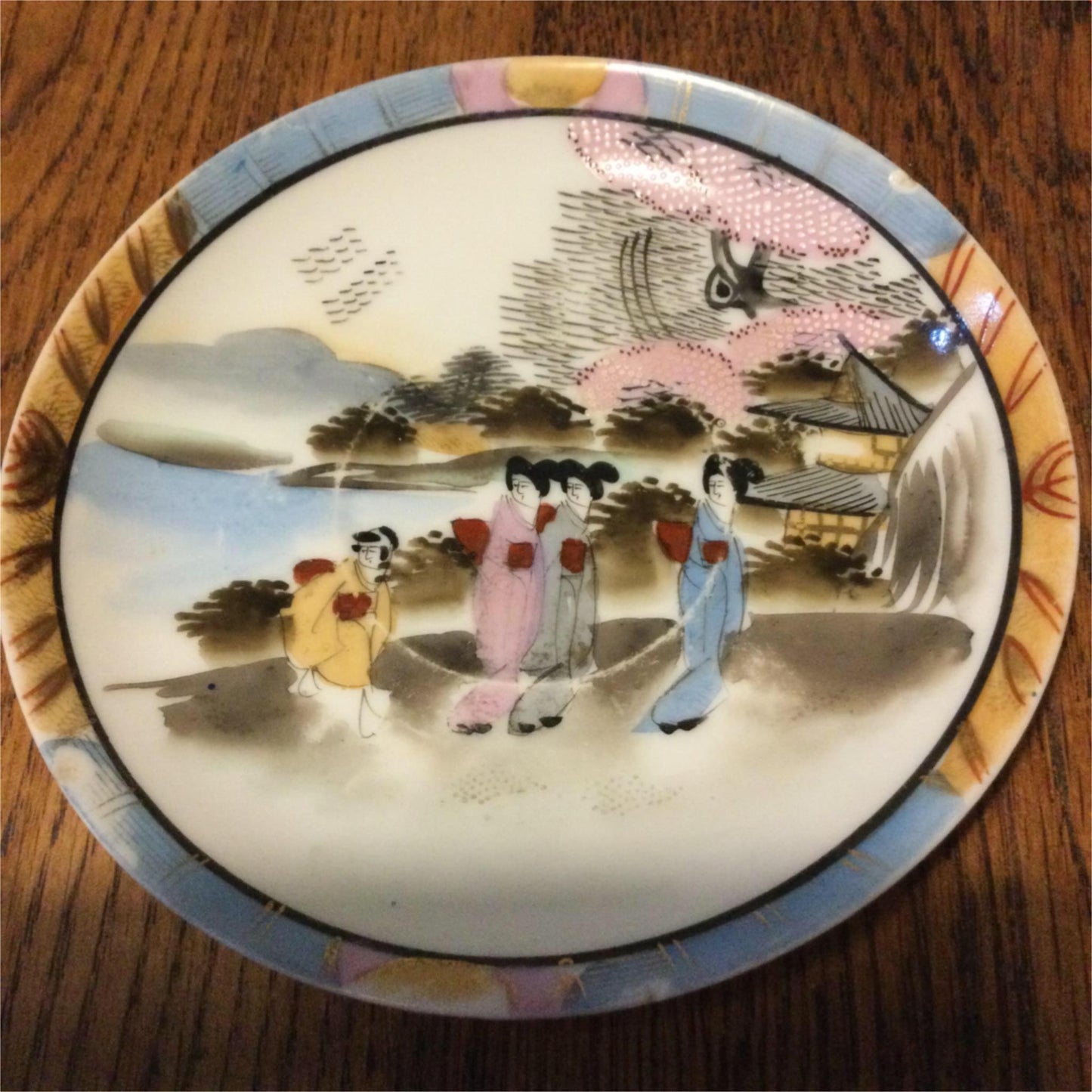 Spare Saucer Vintage Japanese Bone China Hand Painted figures in landscape blue