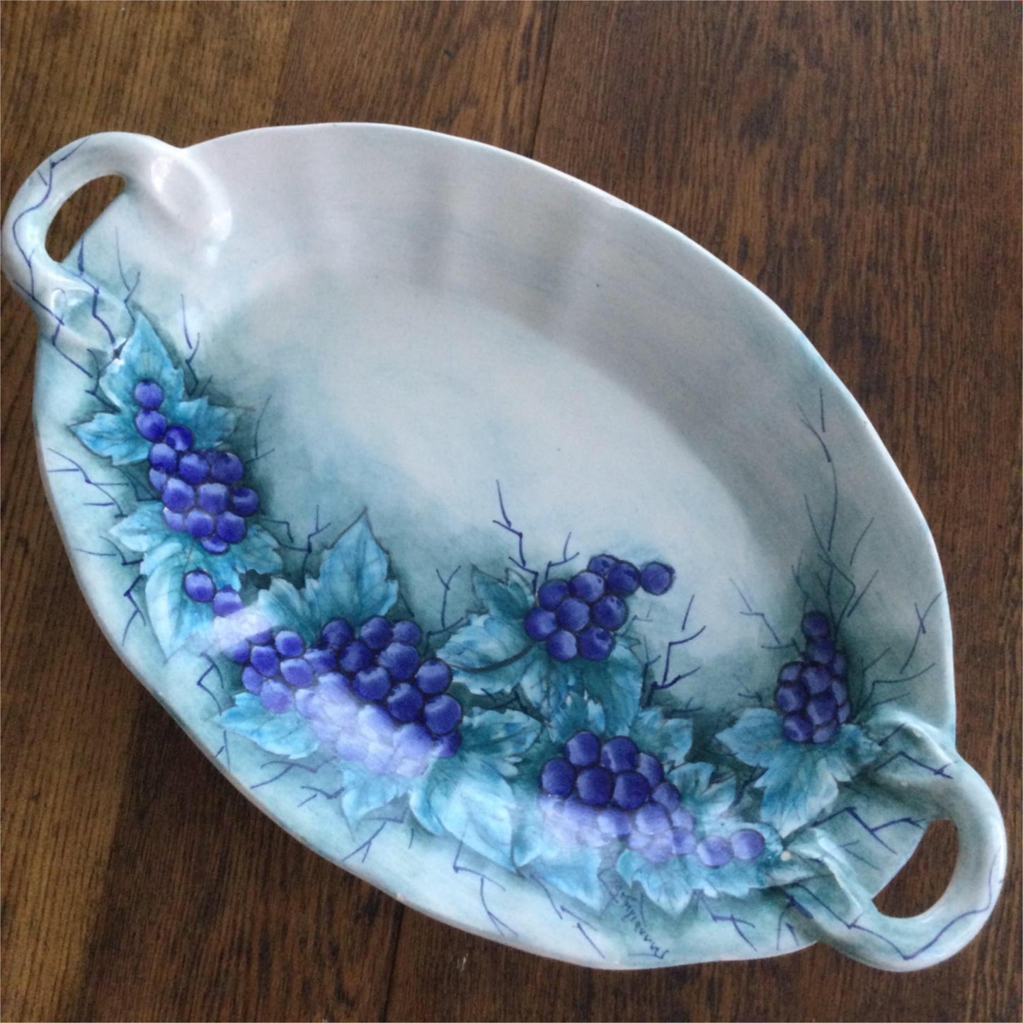 Hand Painted Mediterranean? Greek? Serving Platter Grapes vine Purples Greens Beautuful Summery