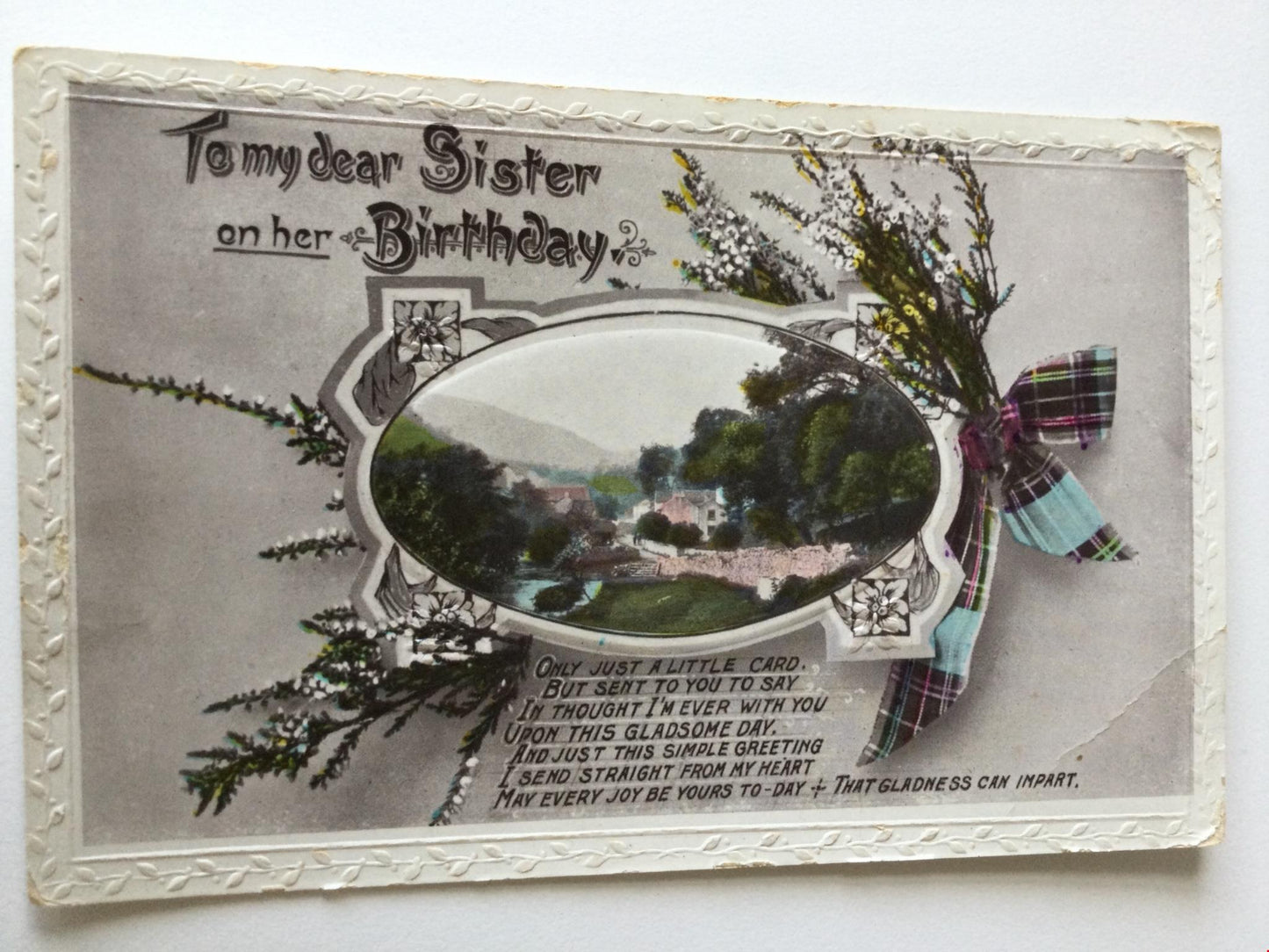 Vintage SISTER BIRTHDAY Greetings Postcard lucky heather tartan bow