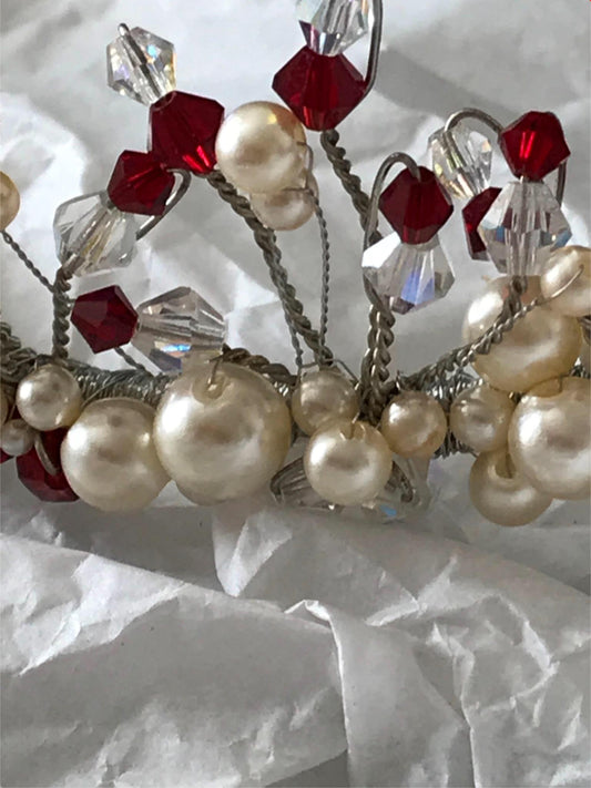 Beautiful winter wedding tiara. Simulate pearls and red beads. Silver tone wire.