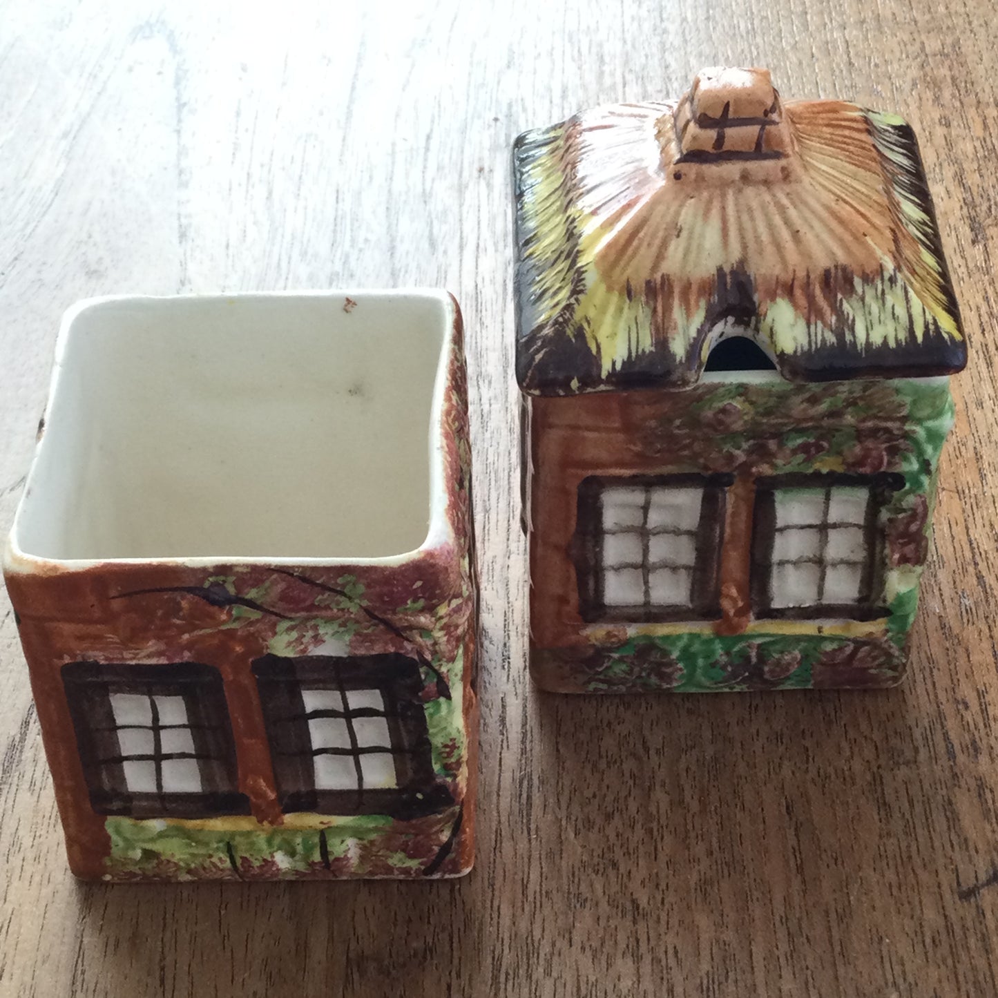 Price Bros Cottage Ware Sugar Bowl / Jam Pot & another pot without a lid. Thatched cottage design.