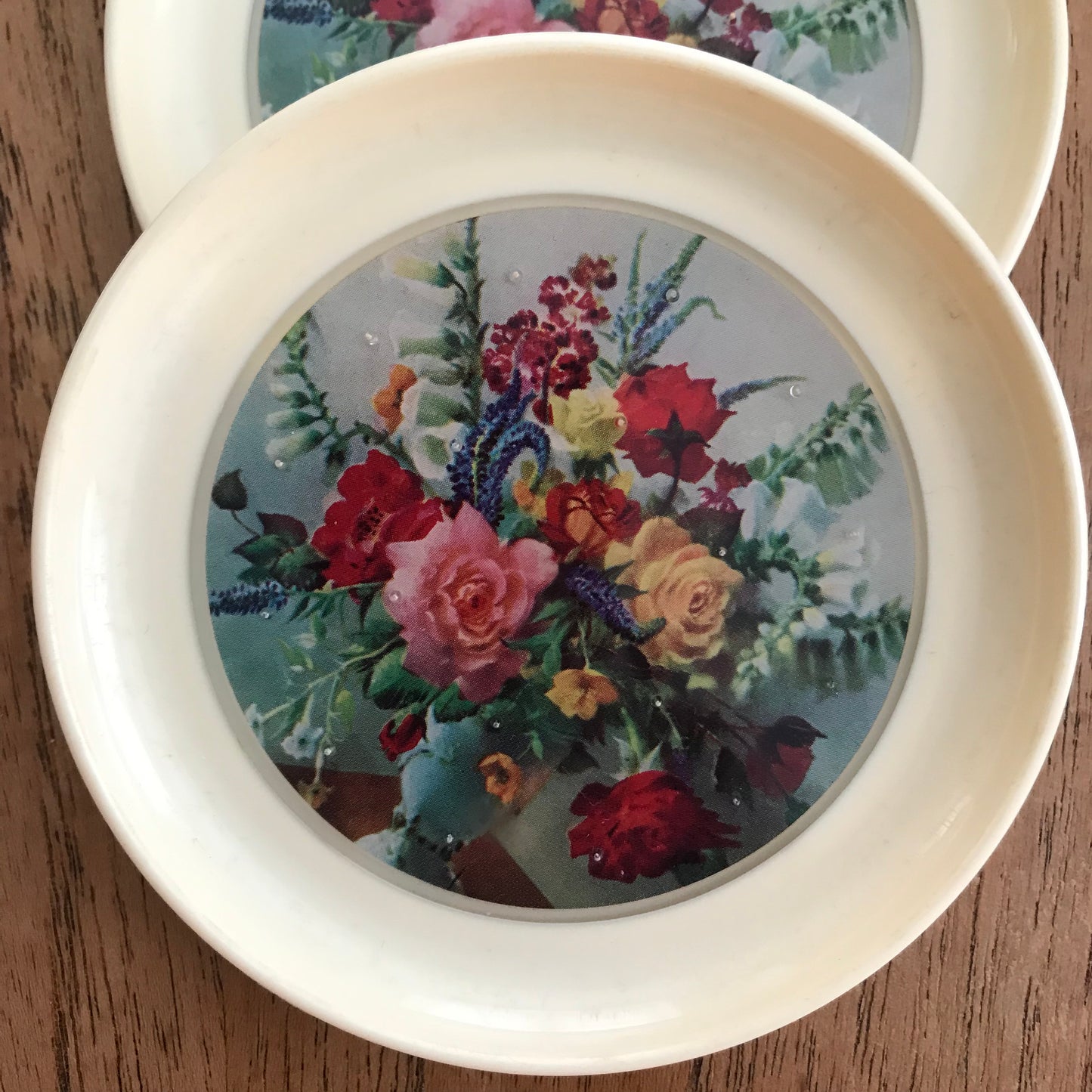 Vintage melamine plastic coasters floral bouquets retro barware host gift