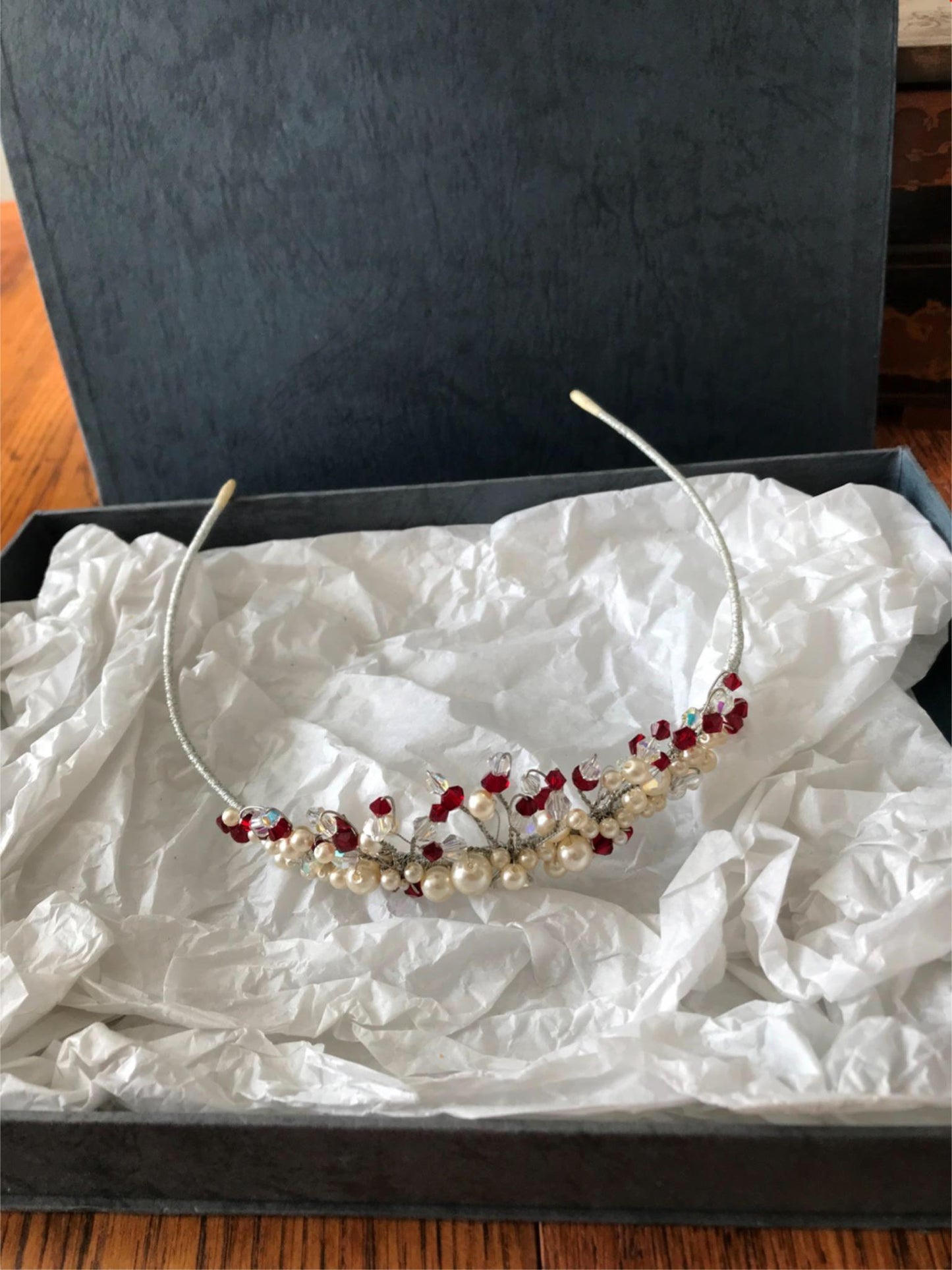 Beautiful winter wedding tiara. Simulate pearls and red beads. Silver tone wire.