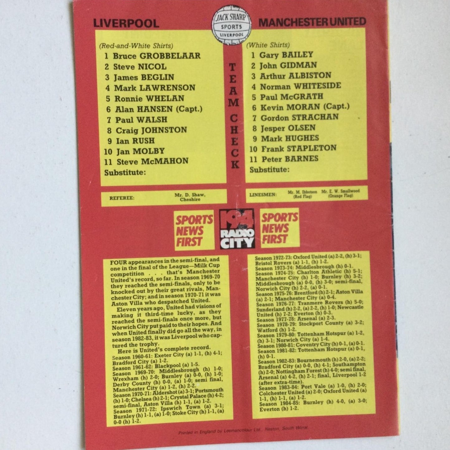 Vintage LIVERPOOL football programme Nov 1985 V MANCHESTER UNITED Grobbelaar