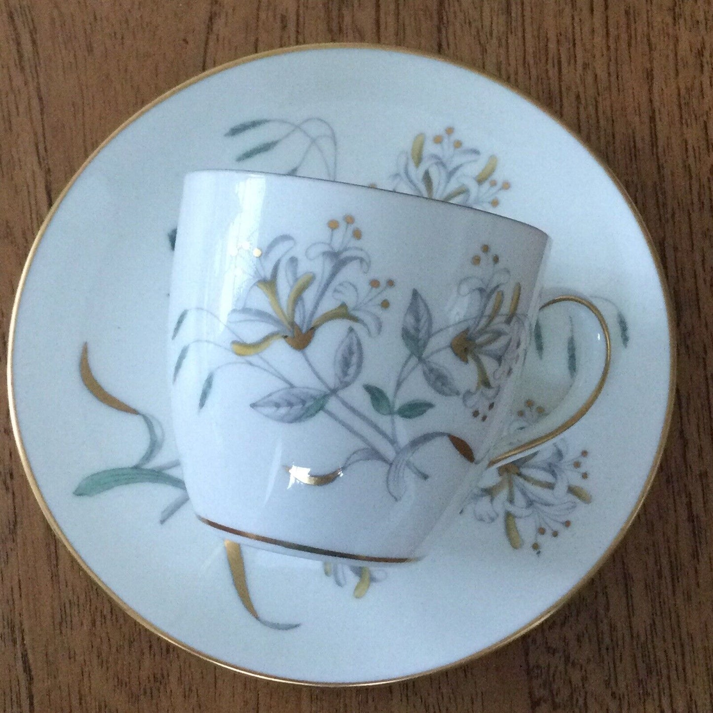 Vintage Wedgwood Honeysuckle Grey Espresso Demitasse cup and saucer botanical