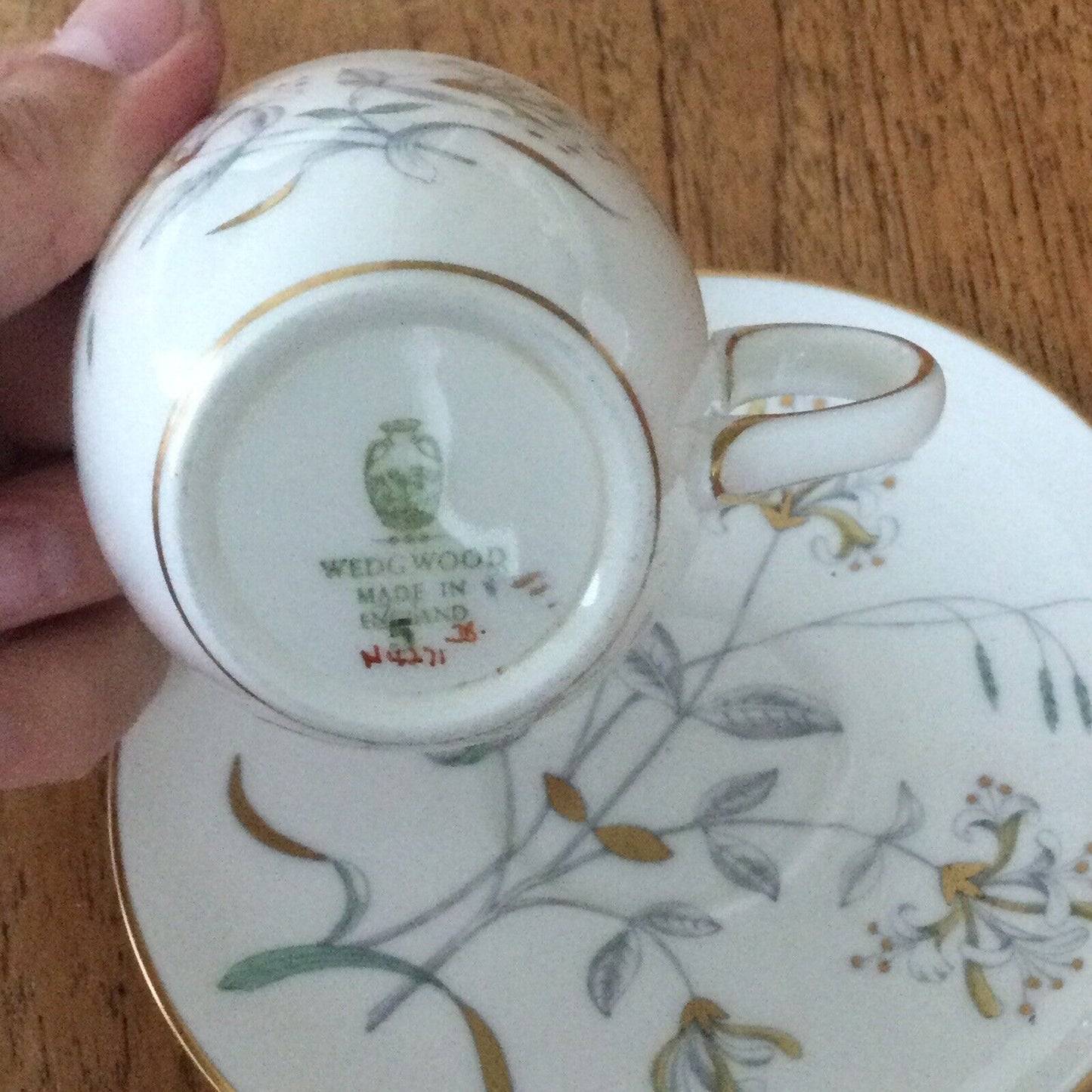 Vintage Wedgwood Honeysuckle Grey Espresso Demitasse cup and saucer botanical