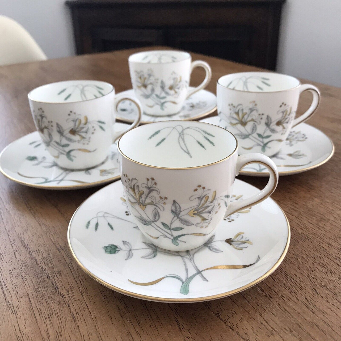 Wedgwood Honeysuckle Grey Coffee Espresso Set Pot Jug 4 x Cups & Saucers 50s