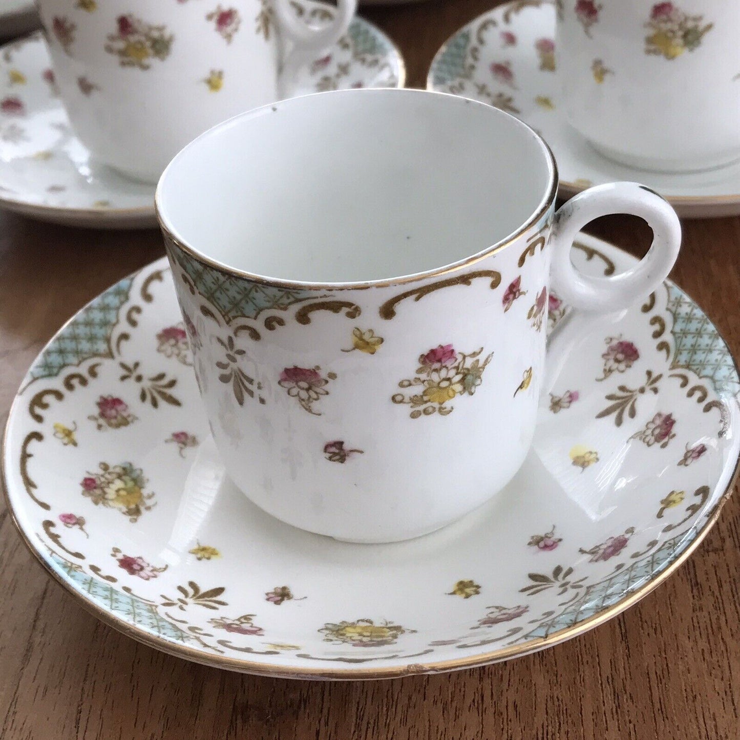 Pretty Vintage Floral Demitasse Cups & Saucers Set Of 6 Atlas China Pink Blue Edwardian