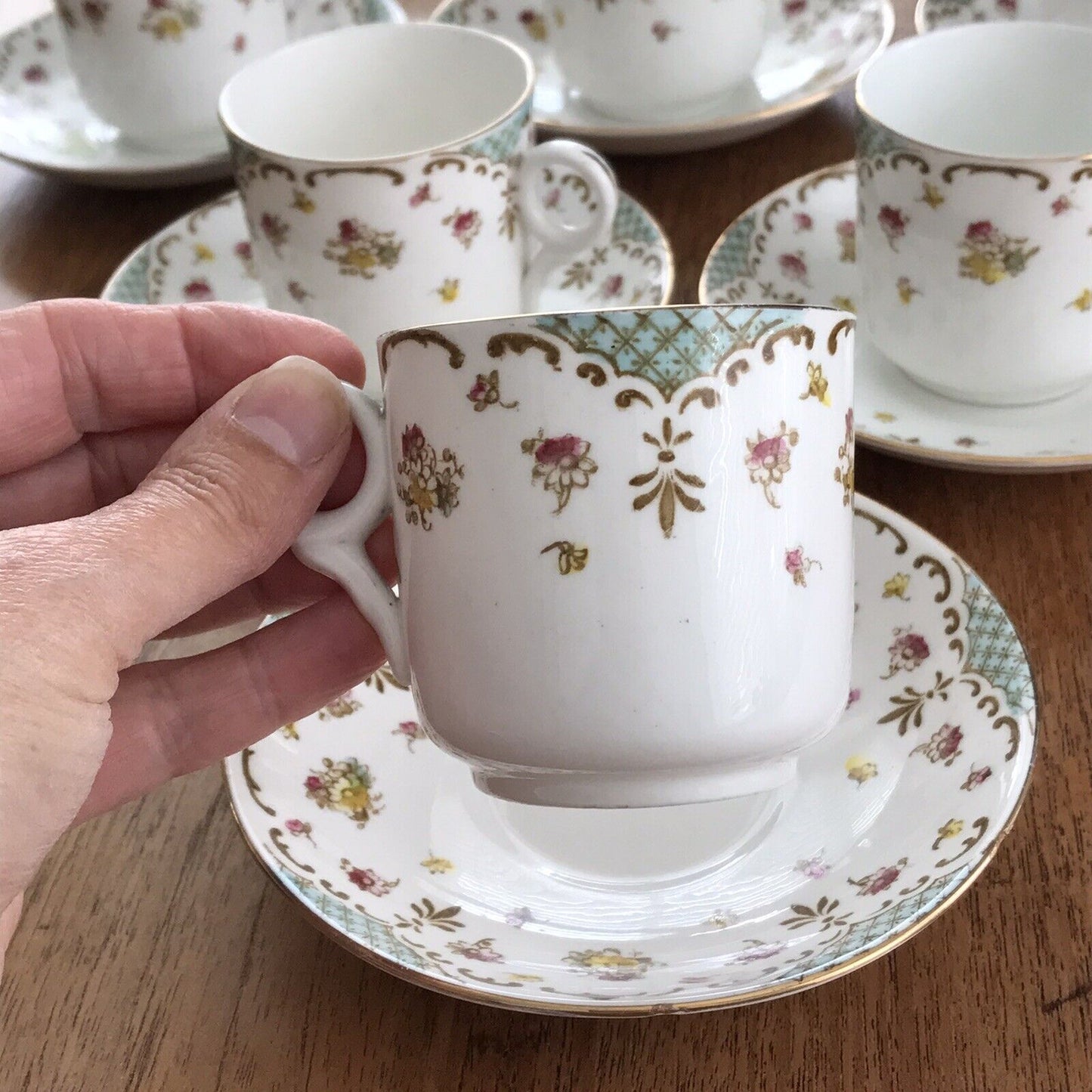 Pretty Vintage Floral Demitasse Cups & Saucers Set Of 6 Atlas China Pink Blue Edwardian