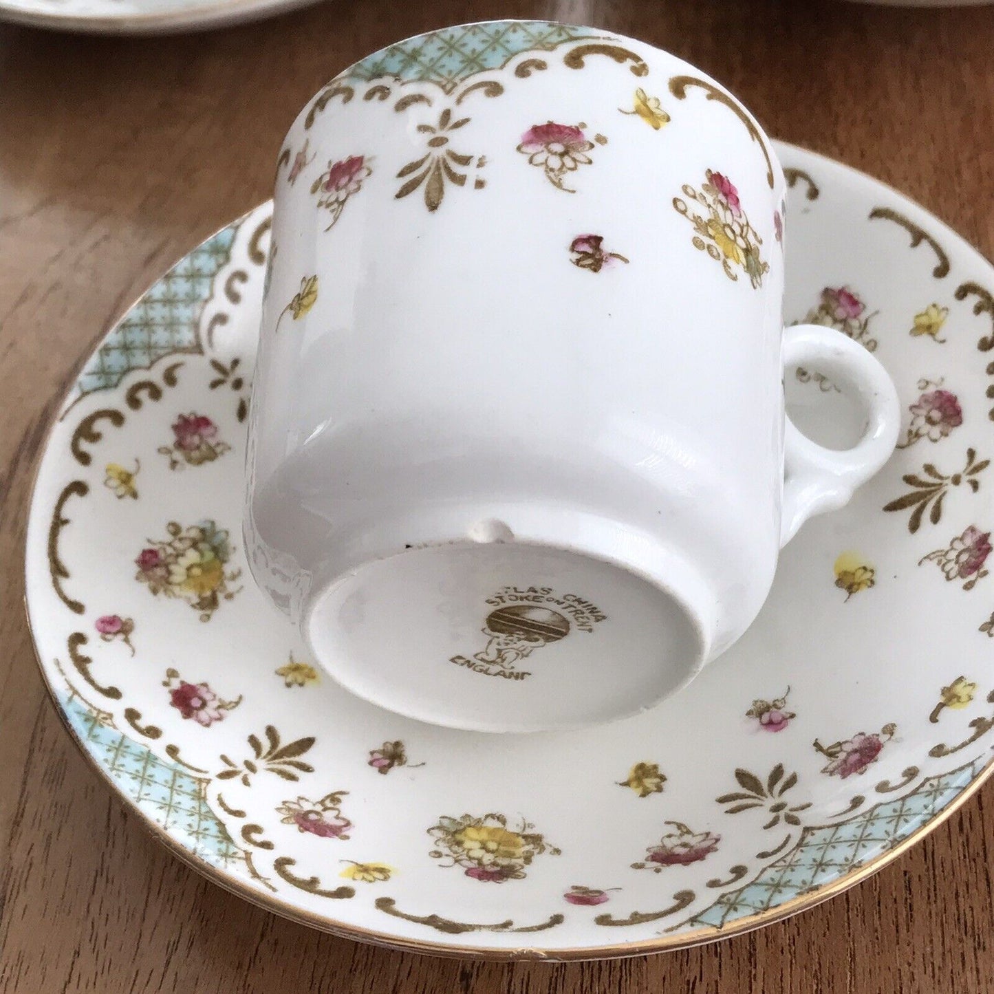 Pretty Vintage Floral Demitasse Cups & Saucers Set Of 6 Atlas China Pink Blue Edwardian