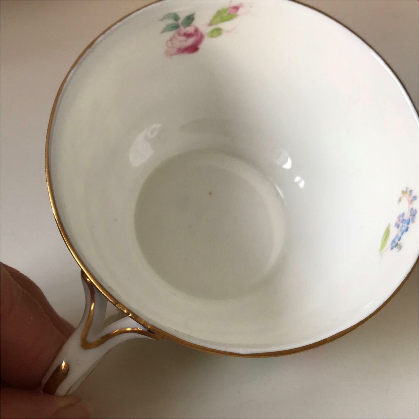 Antique Wedgwood China Cup blue/gold rim with floral sprays inside ornate handle