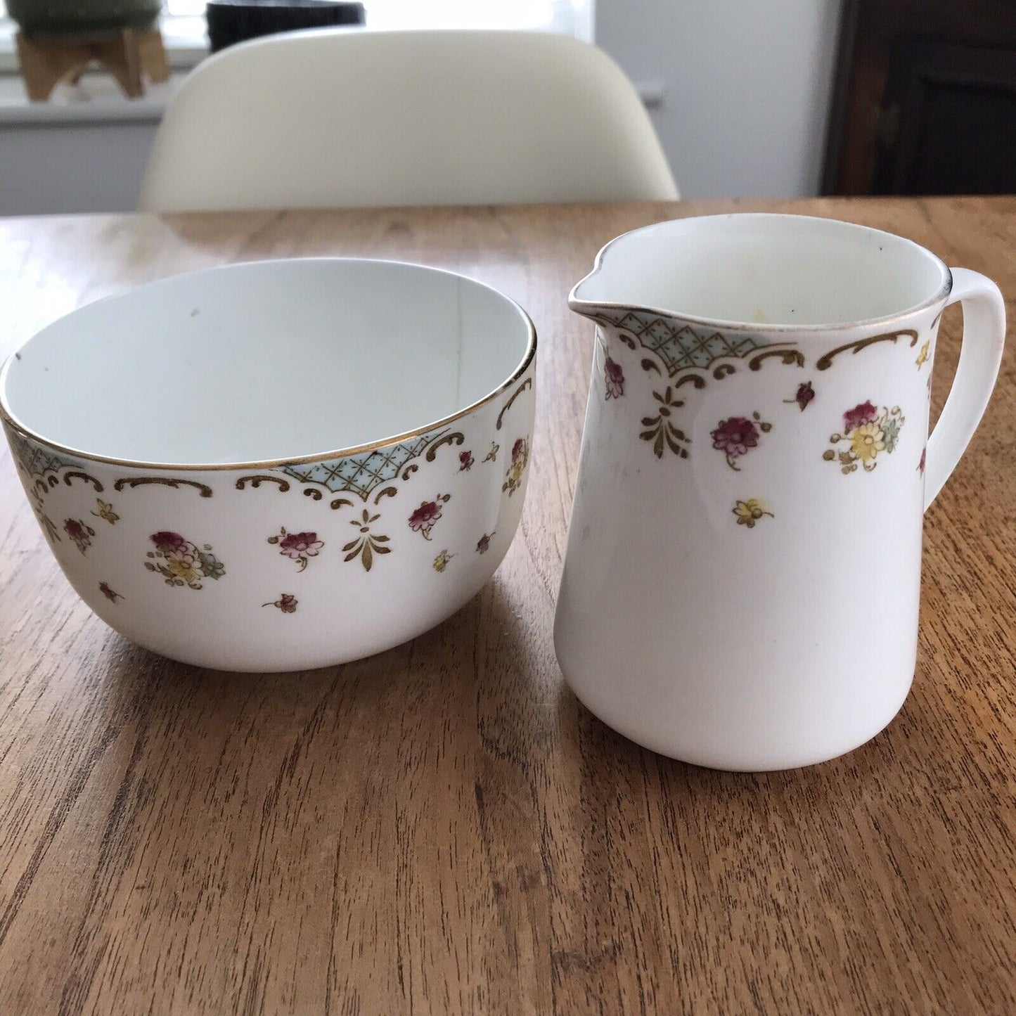 Pretty Vintage Floral Milk Jug / Creamer & Sugar Bowl Atlas China Pink Blue Gold